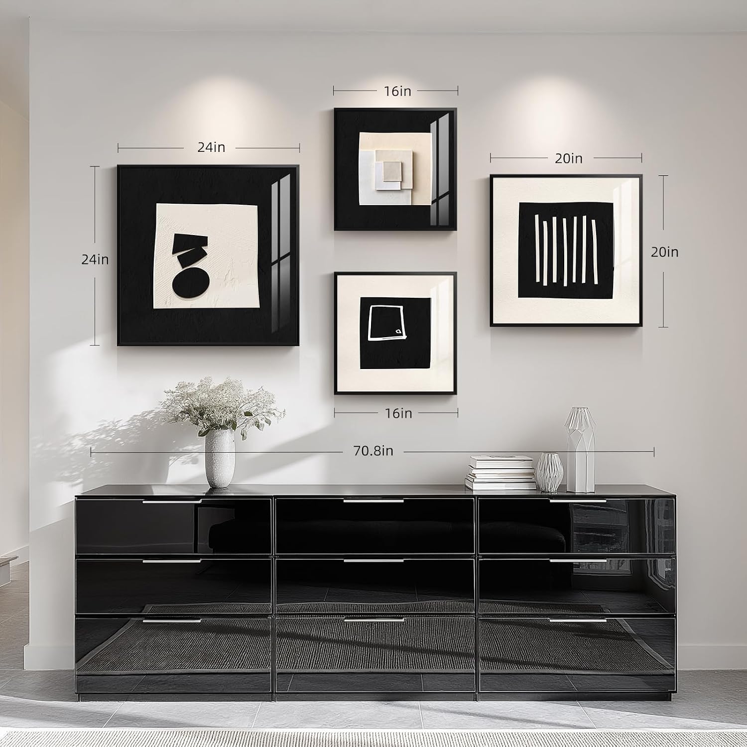 4 Piece Framed Modern Black and White Wall Art for Living Room, Large Abstract Minimalist Geometric Artworks for Walls, Bright Style Picture Prints Paintings for Dining Room Hallway Office Wall Decor