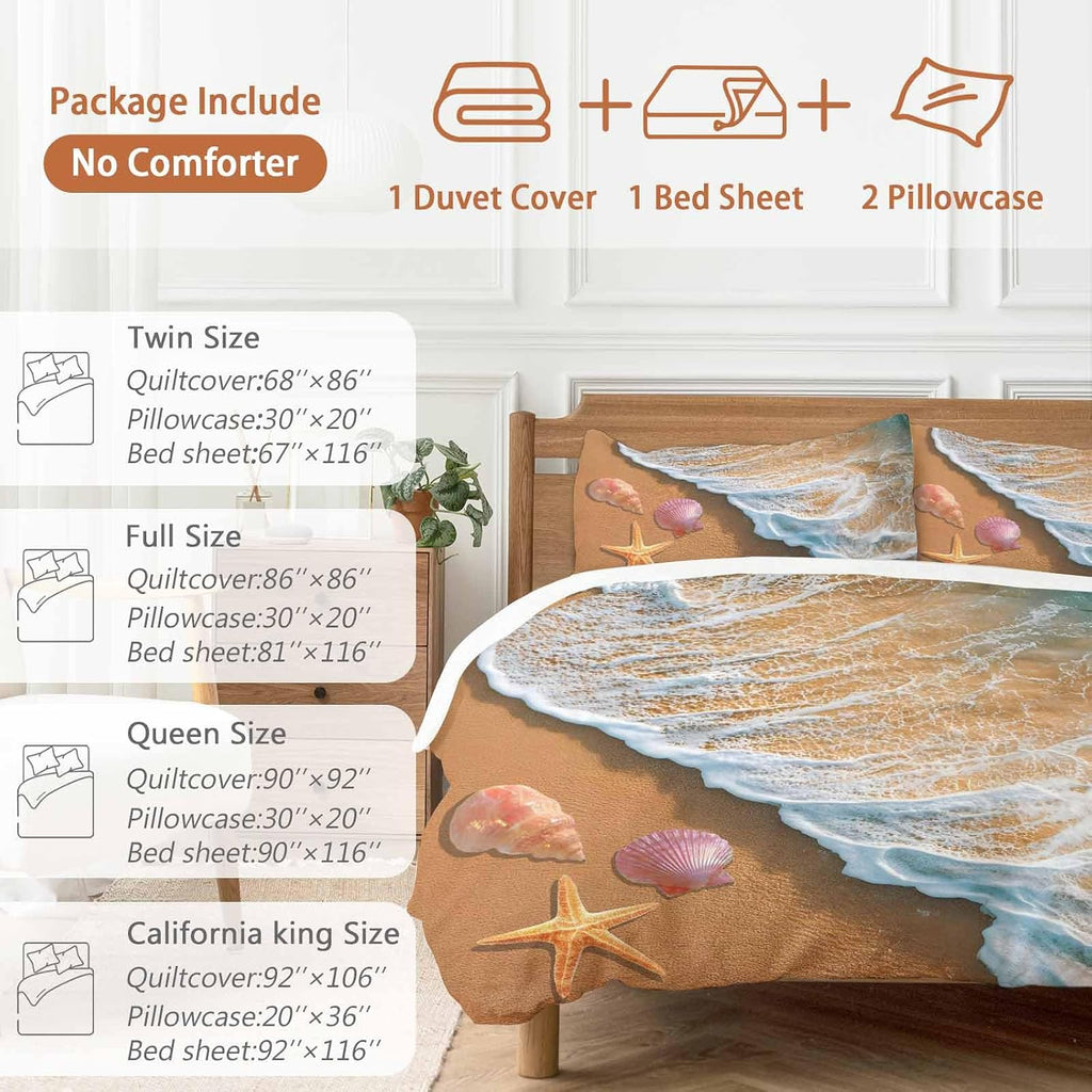 Prime Leader Summer Beach Duvet Cover Set Queen Size 4 Pieces Ocean Waves Conch Starfish Shell Coastal Bedding Set with Zipper Closure, 1 Comforter Cover 90x92 Inches 1 Flat Sheet & 2 Pillow Cases