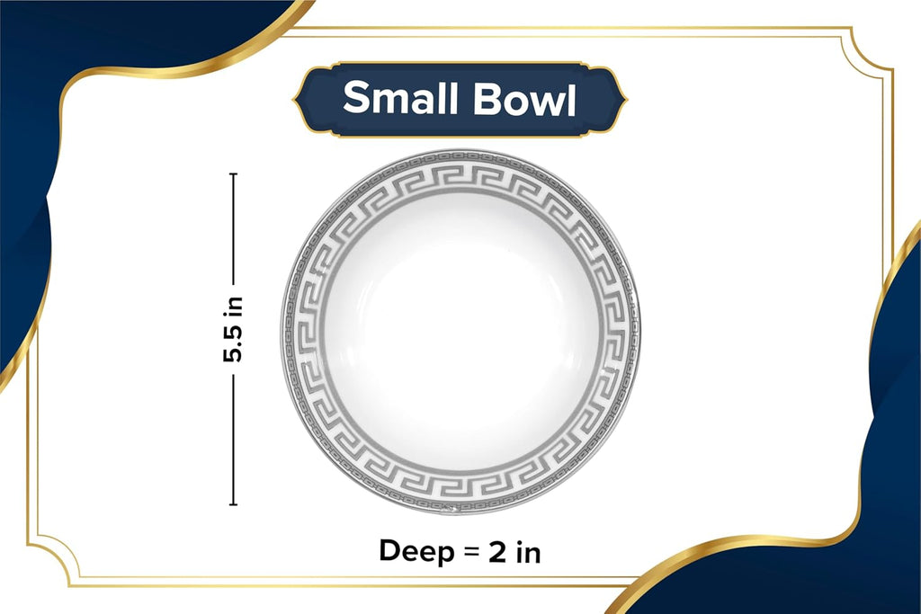 32 Piece Porcelain Dinnerware Sets for 8 – White Plates and Bowls with Silver Greek Key Design - Dish Set for Kitchen Table, Everyday Dining or Formal Occasions (Meander Silver)