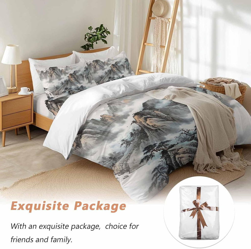 Prime Leader Mountain Cloud Duvet Cover Set Queen Size 4 Pieces Tree Water Ink Painting Chinese Wind Bedding Set with Zipper Closure, 1 Comforter Cover 92x106 Inches 1 Flat Sheet & 2 Pillow Cases