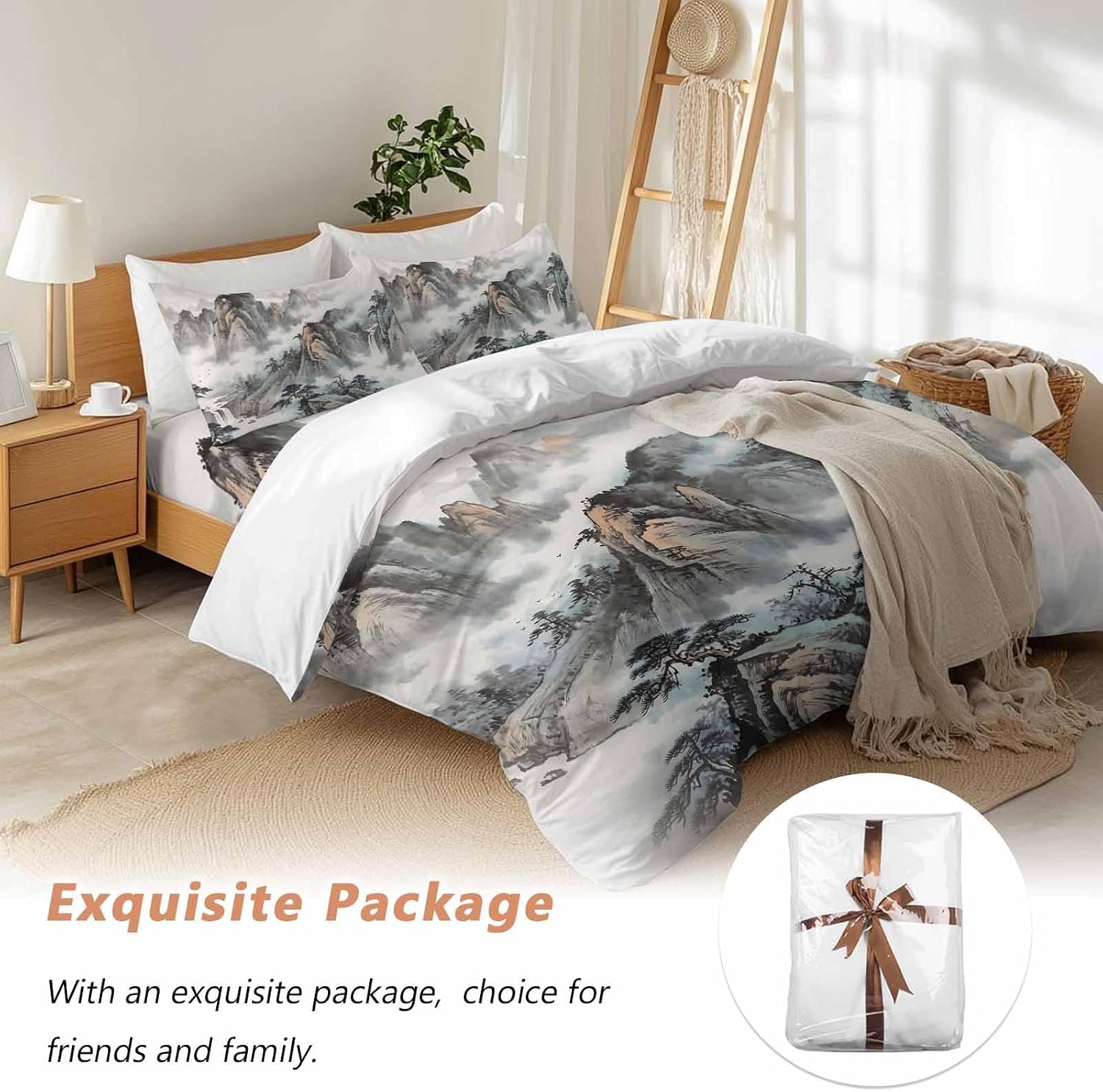 Prime Leader Mountain Cloud Duvet Cover Set Queen Size 4 Pieces Tree Water Ink Painting Chinese Wind Bedding Set with Zipper Closure, 1 Comforter Cover 92x106 Inches 1 Flat Sheet & 2 Pillow Cases