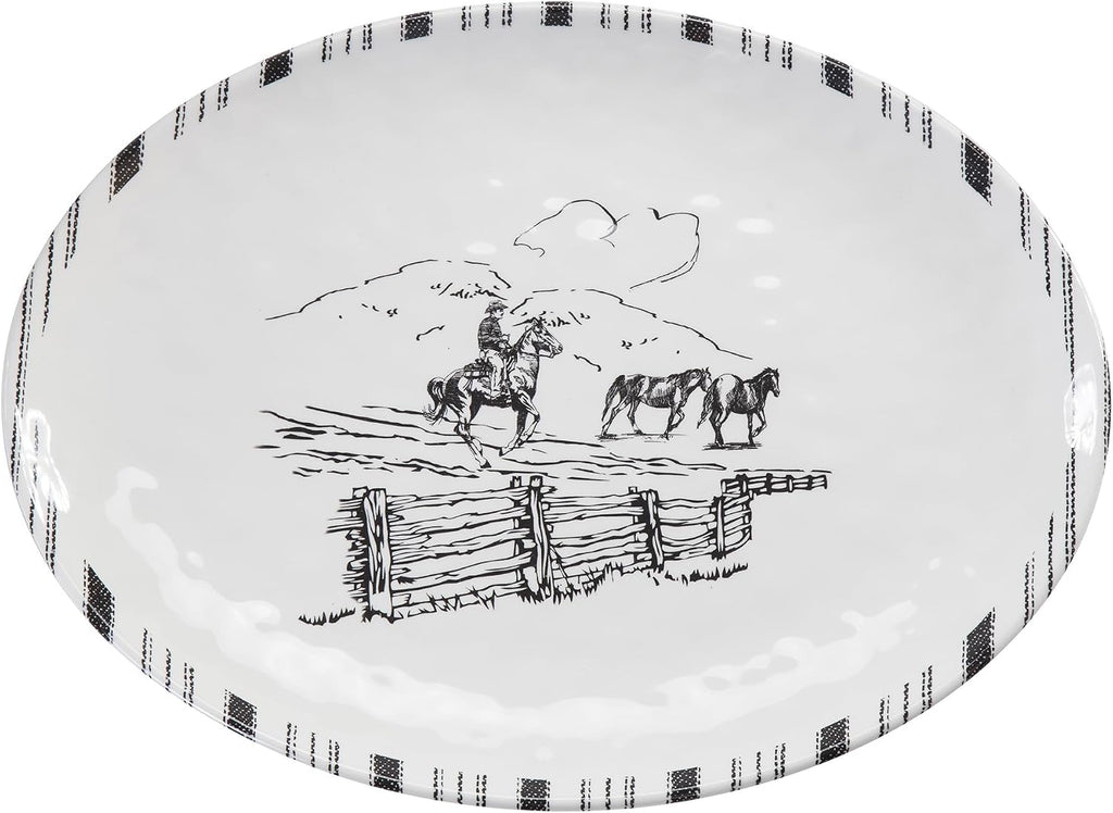 Paseo Road Ranch Life 14 Piece Melamine Plastic Dinnerware Set with Plates, Bowls and Serving Platter, Black and White, Southwestern Rustic Cabin Lodge Farmhouse Style