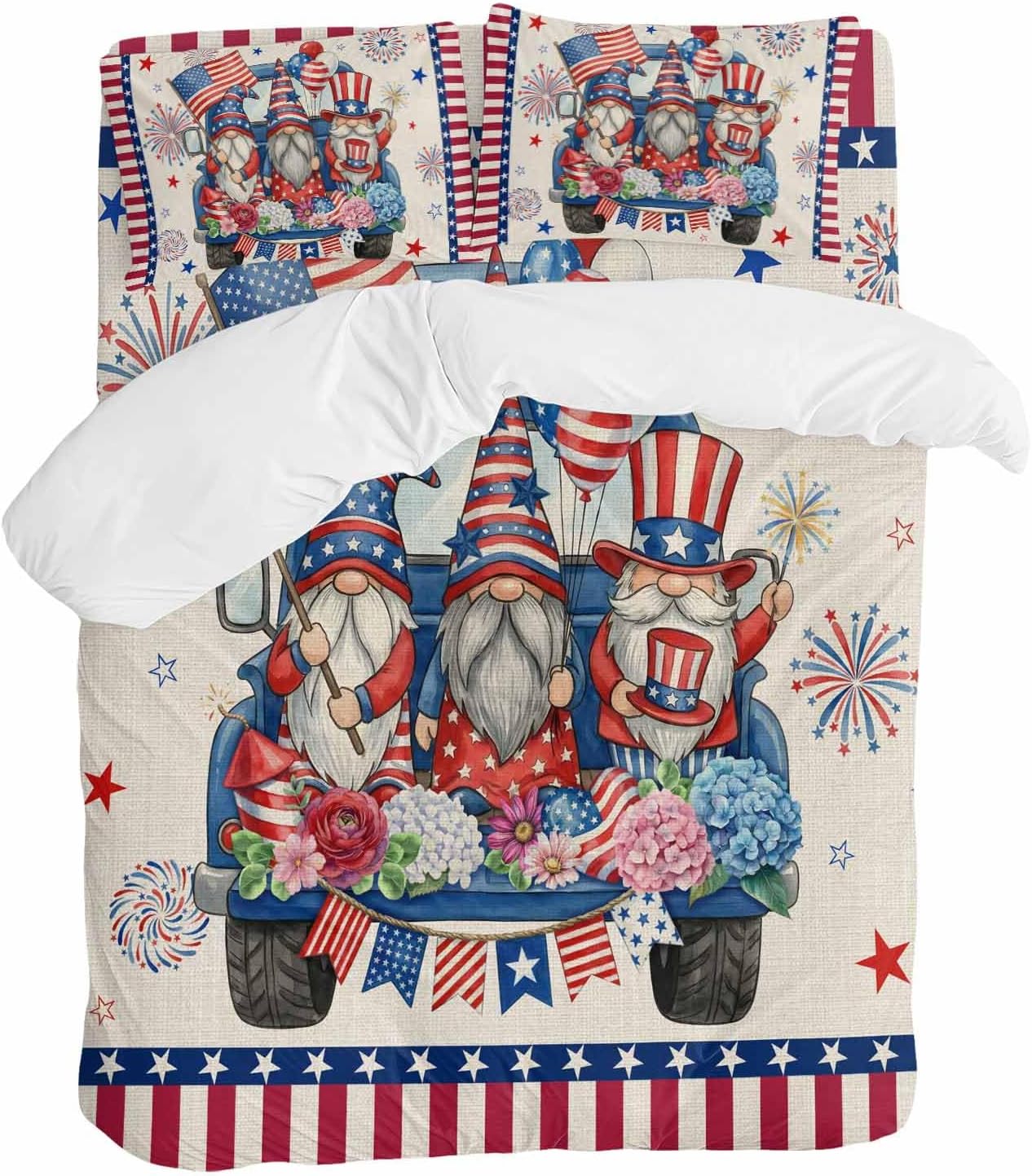 250th US Anniversary Duvet Cover Set Queen Size 4 Pieces Independence Day Gnomes Blue Truck Retro Bedding Set with Zipper Closure, 1 Comforter Cover 90x92 Inches 1 Flat Sheet & 2 Pillow Cases
