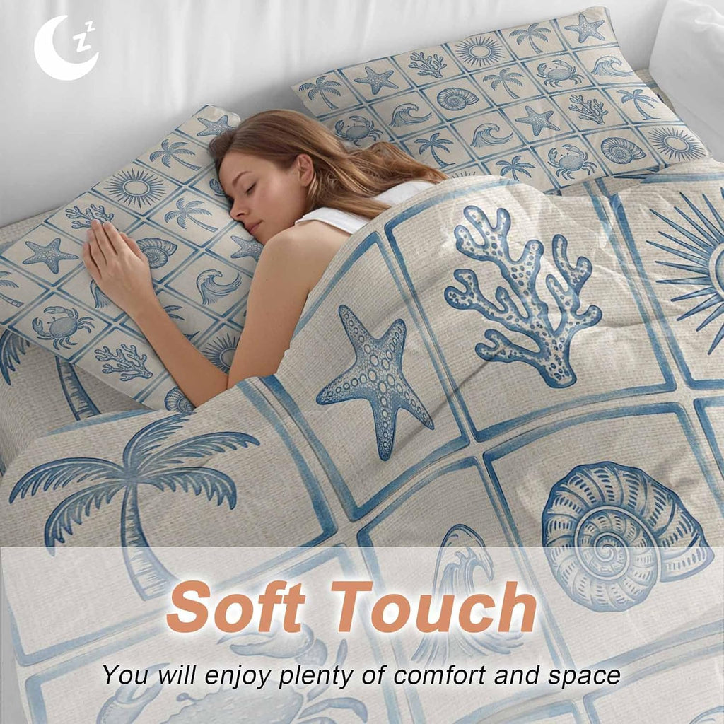 Prime Leader Summer Coastal Duvet Cover Set Queen Size 4 Pieces Retro Ocean Waves Shell Crab Coconut Tree Bedding Set with Zipper Closure, 1 Comforter Cover 90x92 Inches 1 Flat Sheet & 2 Pillow Cases