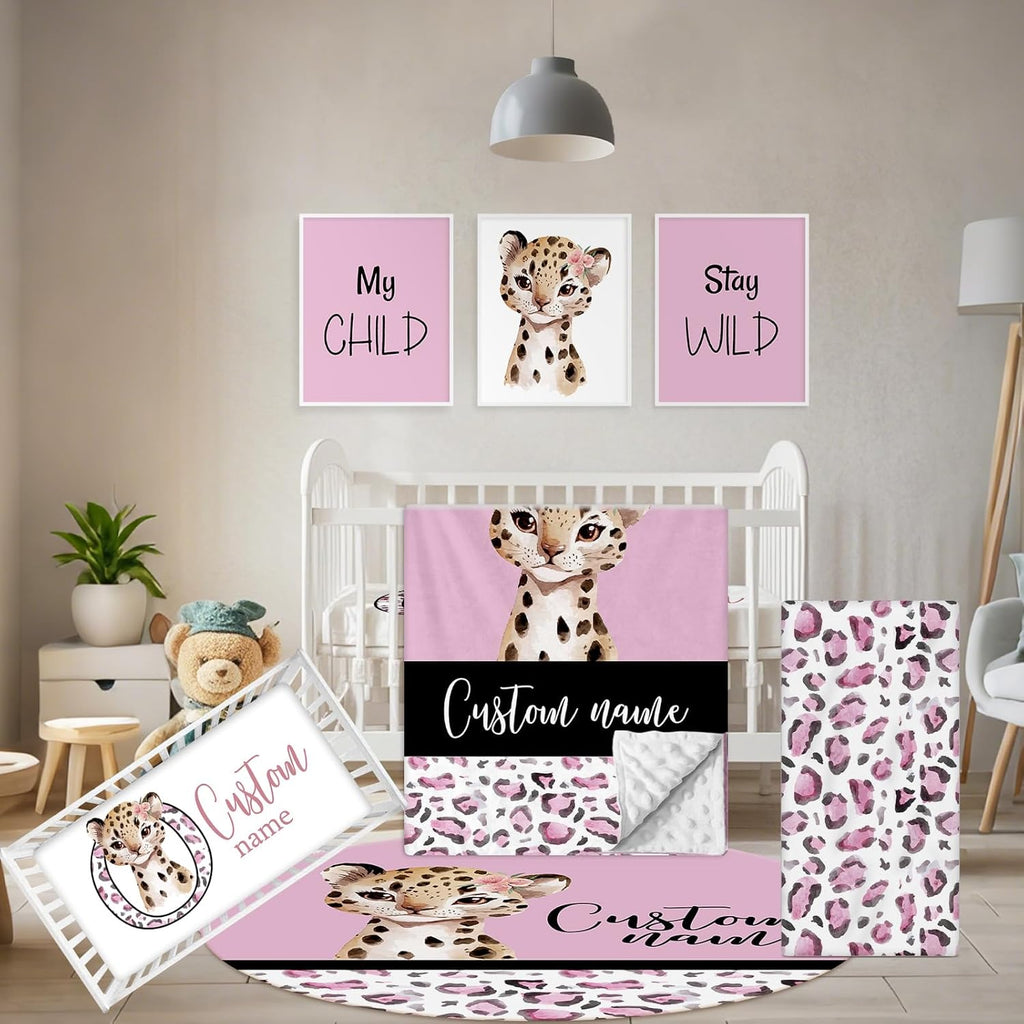 Terwex Personalized Baby Bedding Set, 5 Pcs Custom Baby Crib Sets with Name, Toddler Bedding Set for Baby Girls, Pink Leopard Double Layer Nursery Bedding Set, Customized Gifts for Infants Kids