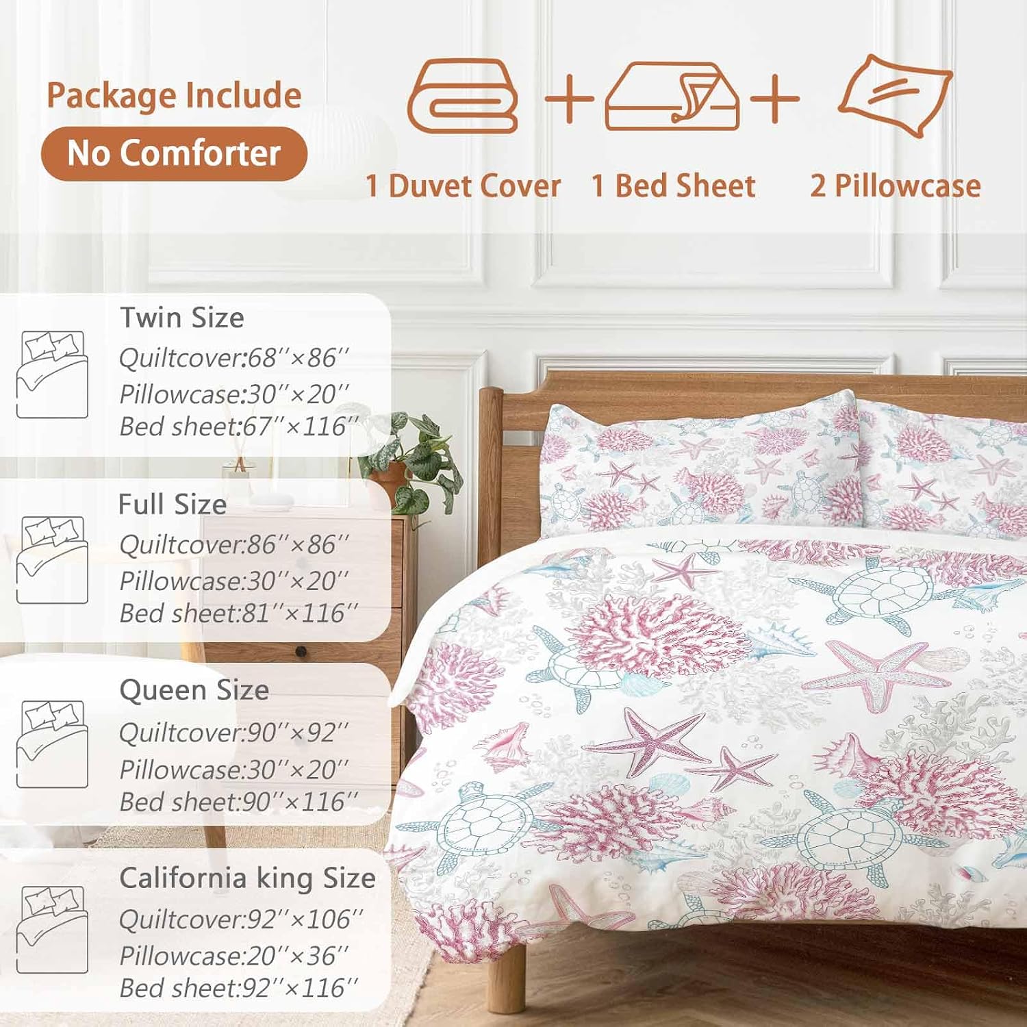 Summer Marine Life Duvet Cover Set Queen Size 4 Pieces Ocean Starfish Coral Coastal Sea Turtle Pink Bedding Set with Zipper Closure, 1 Comforter Cover 90x92 Inches 1 Flat Sheet & 2 Pillow Cases