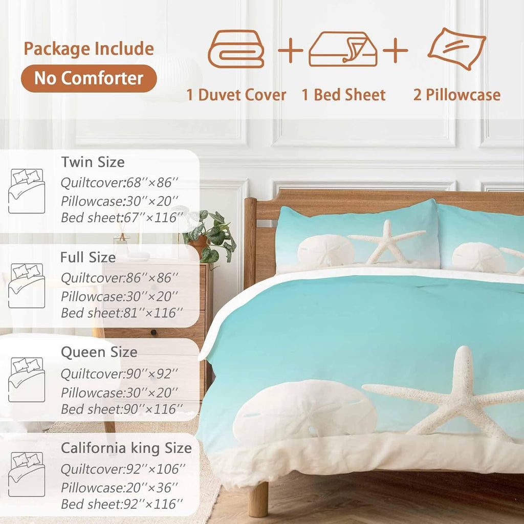 Beach Starfish Sand Dollar Duvet Cover Set Queen Size 4 Pieces Modern Nautical Ocean Marine Life Teal Bedding Set with Zipper Closure, 1 Comforter Cover 90x92 Inches 1 Flat Sheet & 2 Pillow Cases