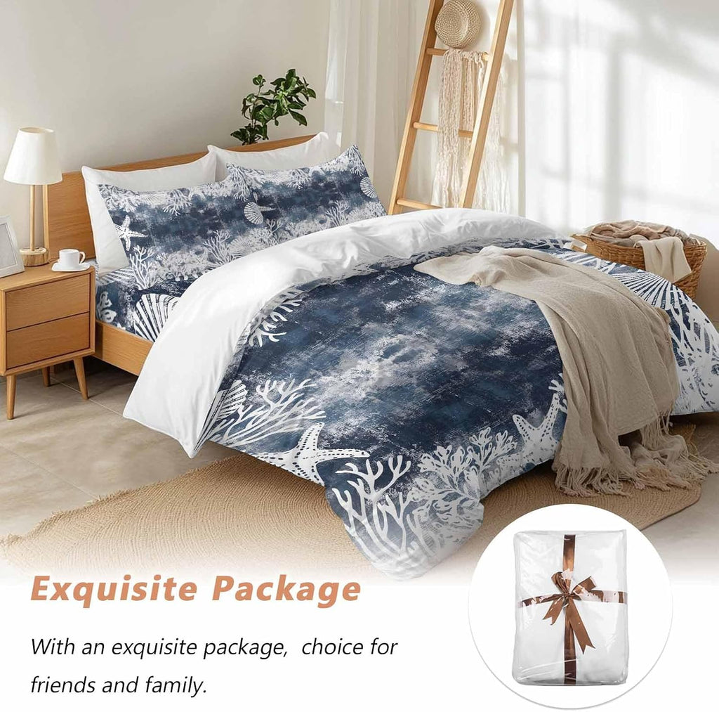 Vintage Blue Ocean Duvet Cover Set Queen Size 4 Pieces Country Nautical Coastal Sea Starfish Shell Coral Bedding Set with Zipper Closure, 1 Comforter Cover 86x86 Inches 1 Flat Sheet & 2 Pillow Cases