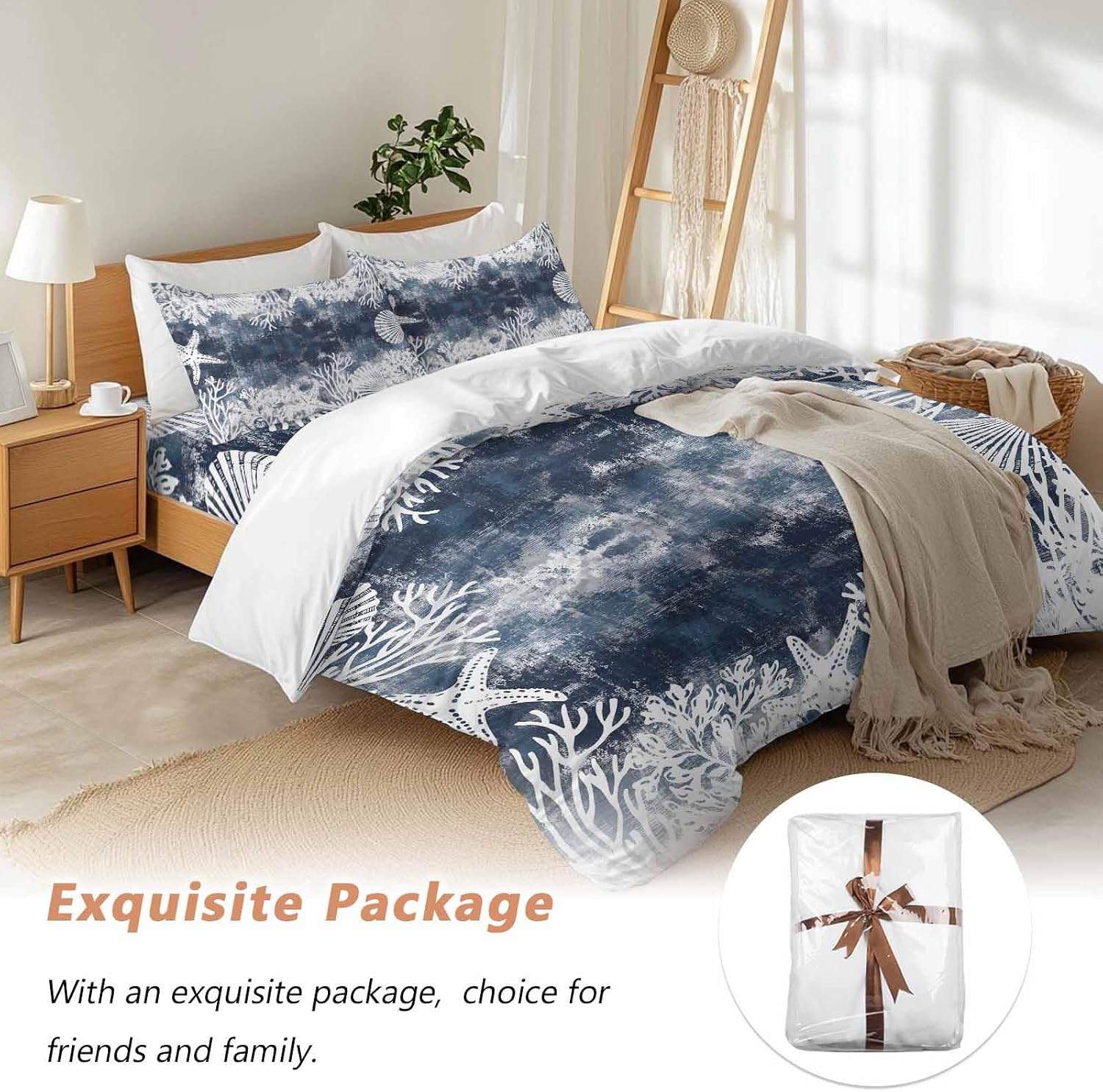 Vintage Blue Ocean Duvet Cover Set Queen Size 4 Pieces Country Nautical Coastal Sea Starfish Shell Coral Bedding Set with Zipper Closure, 1 Comforter Cover 90x92 Inches 1 Flat Sheet & 2 Pillow Cases