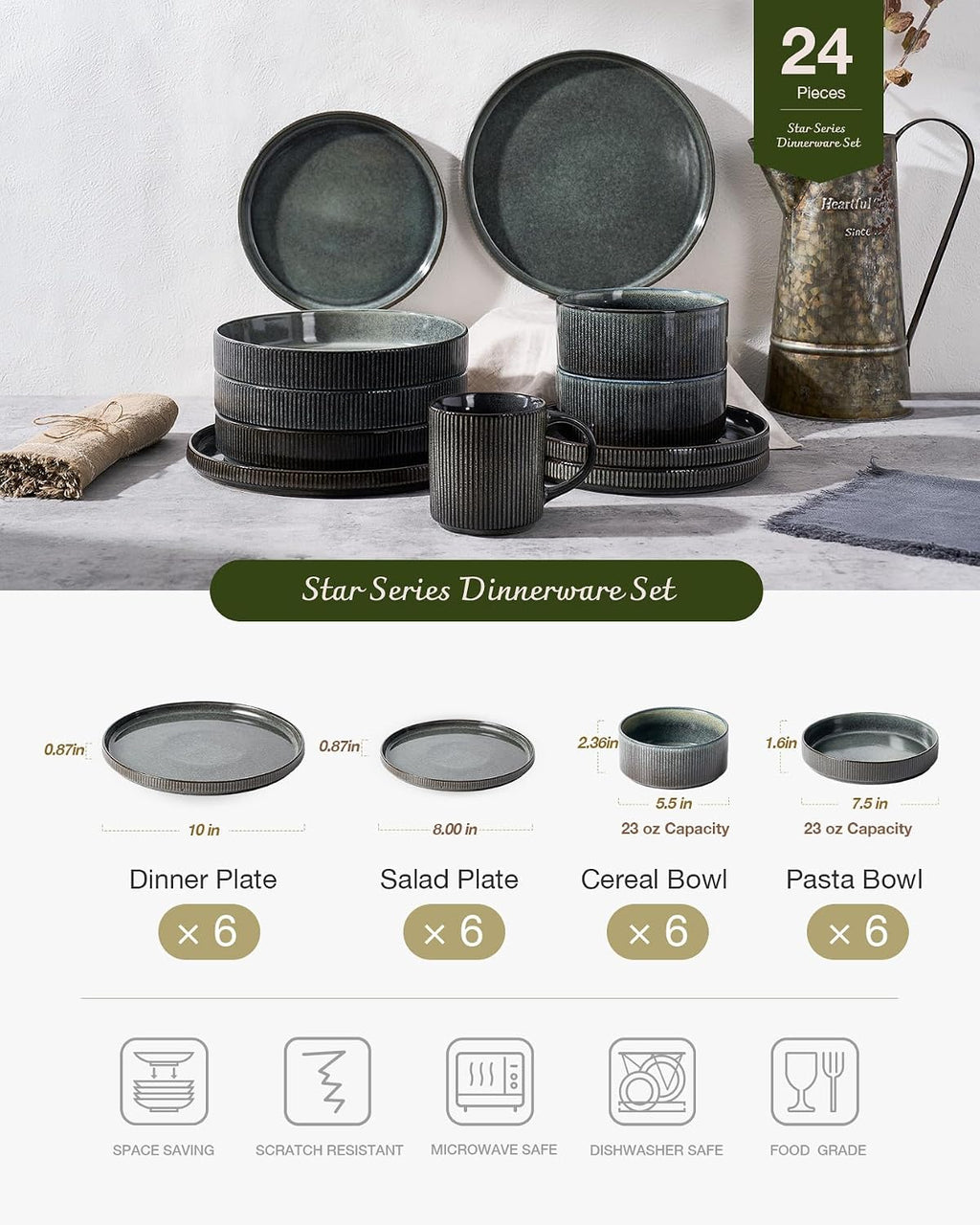 Famiware Star 24-Piece Stoneware Dinnerware Sets, Service for 6 - Shallow Pasta Bowls & Flat Plates, Modern Rustic Reactive Glaze Dishes, Chip/Scratch Resistant, Microwave/Dishwasher Safe, Deep Forest