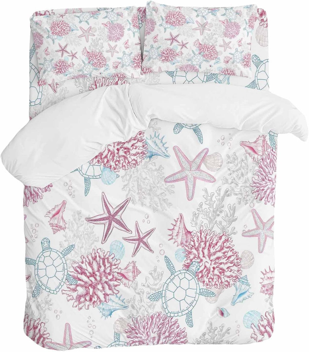 Summer Marine Life Duvet Cover Set Queen Size 4 Pieces Ocean Starfish Coral Coastal Sea Turtle Pink Bedding Set with Zipper Closure, 1 Comforter Cover 90x92 Inches 1 Flat Sheet & 2 Pillow Cases
