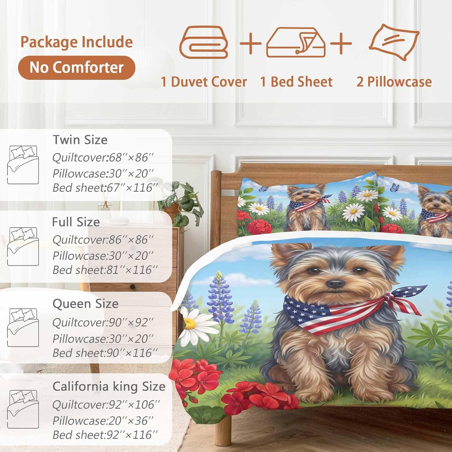 Independence Day Duvet Cover Set Queen Size 4 Pieces Watercolor U. S. Flag Cute Yorkshire Butterfly Bedding Set with Zipper Closure, 1 Comforter Cover 90x92 Inches 1 Flat Sheet & 2 Pillow Cases