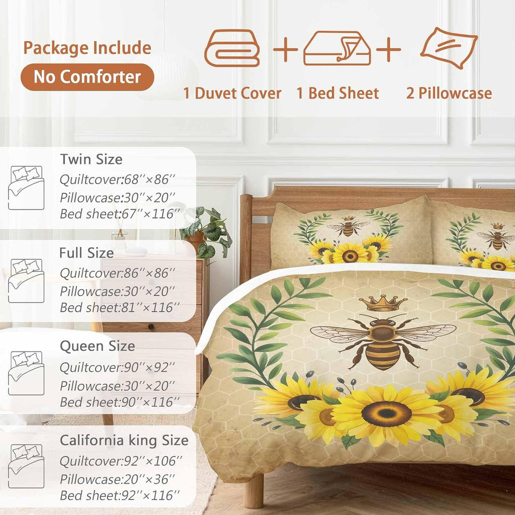 Vintage Crown Bee Duvet Cover Set Queen Size 4 Pieces Country Sunflowers Green Leaves Honeycomb Bedding Set with Zipper Closure, 1 Comforter Cover 86x86 Inches 1 Flat Sheet & 2 Pillow Cases