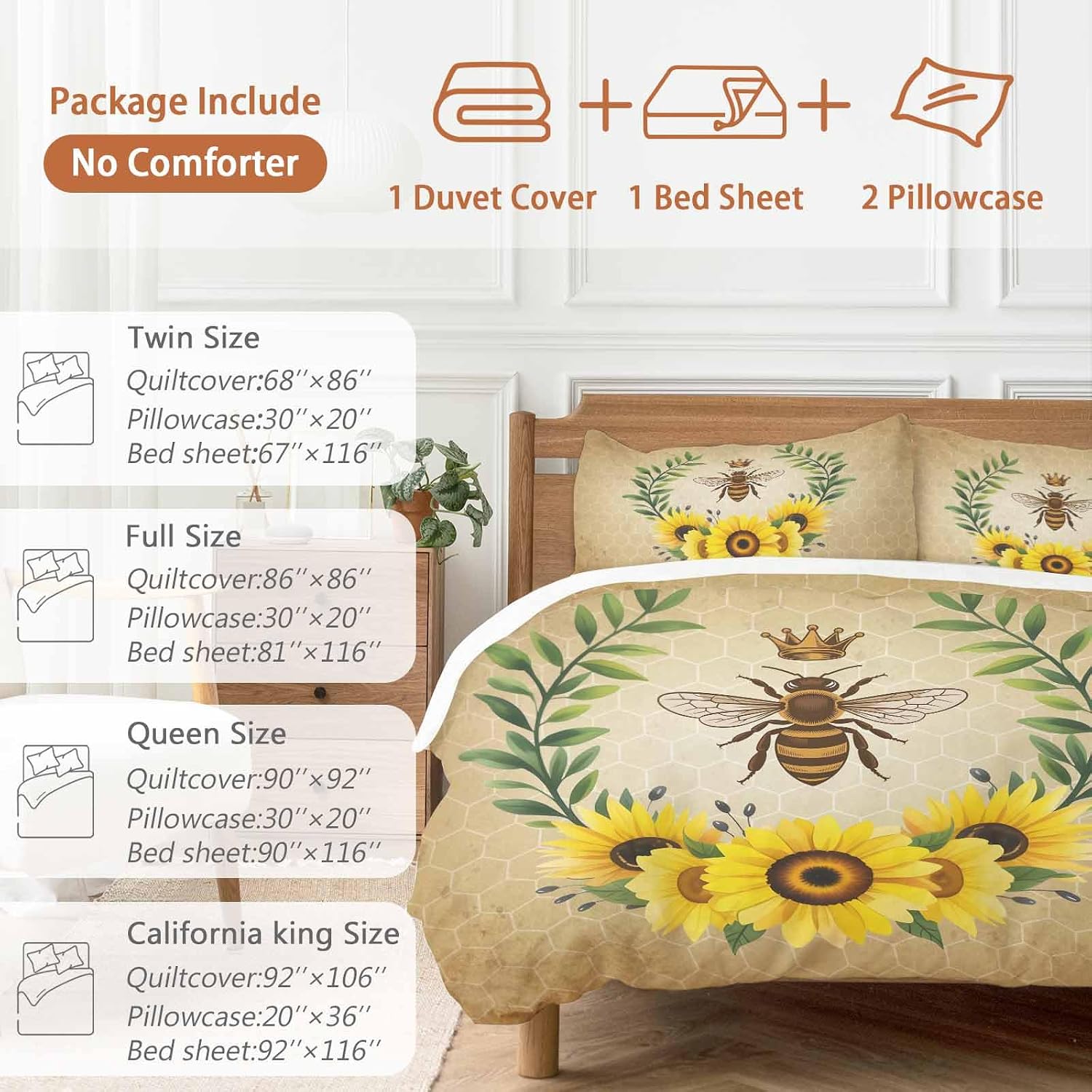 Vintage Crown Bee Duvet Cover Set Queen Size 4 Pieces Country Sunflowers Green Leaves Honeycomb Bedding Set with Zipper Closure, 1 Comforter Cover 86x86 Inches 1 Flat Sheet & 2 Pillow Cases