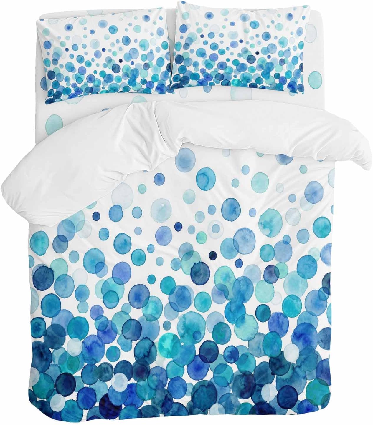 Prime Leader Blue Polka Dots Duvet Cover Set Queen Size 4 Pieces Watercolor Abstract Art Gradients Bedding Set with Zipper Closure, 1 Comforter Cover 90x92 Inches 1 Flat Sheet & 2 Pillow Cases