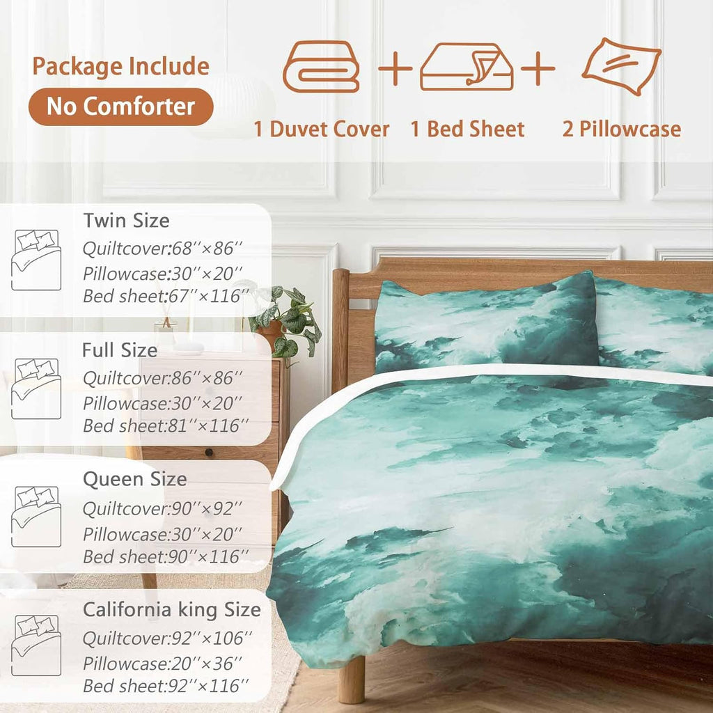 Prime Leader Clouds Duvet Cover Set Queen Size 4 Pieces Abstract Gradient Green Clouds Sky Bedding Set with Zipper Closure, 1 Comforter Cover 86x86 Inches 1 Flat Sheet & 2 Pillow Cases