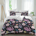 Summer Beach Duvet Cover Set Queen Size 4 Pieces Ocean Starfish Shell Coastal Conch Coral Flowers Black Bedding Set with Zipper Closure, 1 Comforter Cover 90x92 Inches 1 Flat Sheet & 2 Pillow Cases