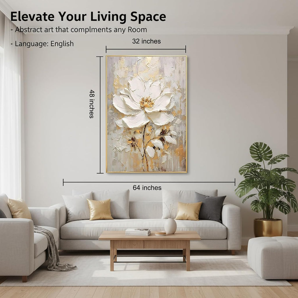 Large Hand Painted Flower Oil Painting for Ofiice-3D White Floral Canvas Wall Art for Bedroom- Framed Modern Artwork for Living Room Home Decoration 32x48inches