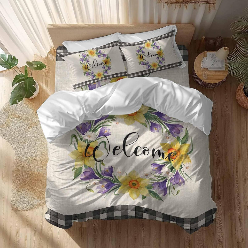 Welcome Duvet Cover Set Queen Size 4 Pieces Vintage Purple Yellow Floral Wreath Linen Texture Bedding Set with Zipper Closure, 1 Comforter Cover 86x86 Inches 1 Flat Sheet & 2 Pillow Cases