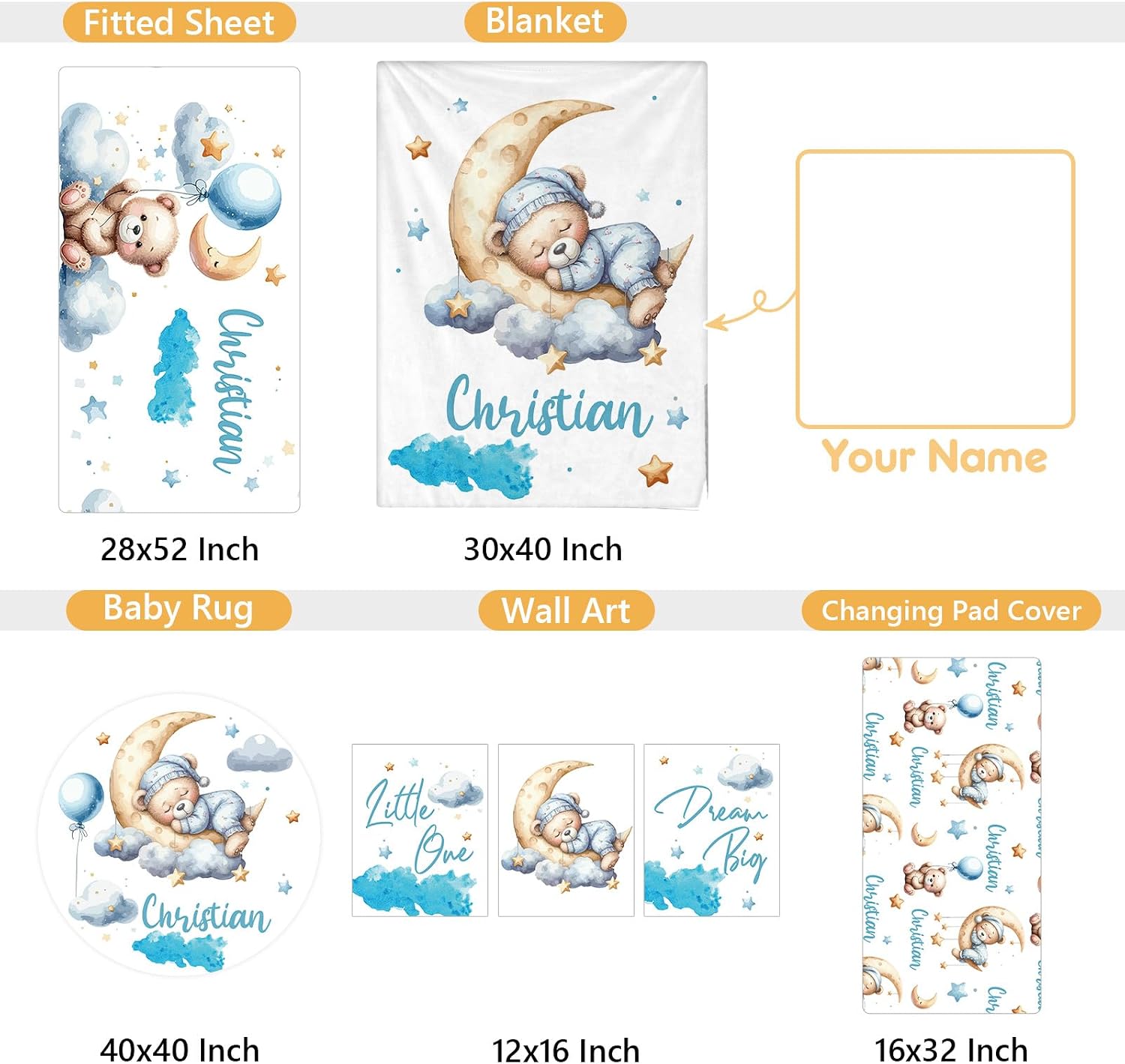 Terwex Personalized Baby Bedding Set, 5 Pcs Custom Baby Crib Sets with Name, Toddler Bedding Set for Baby Girls Boys, Blue Bear Double Layer Nursery Bedding Set, Customized Gifts for Infants Kids