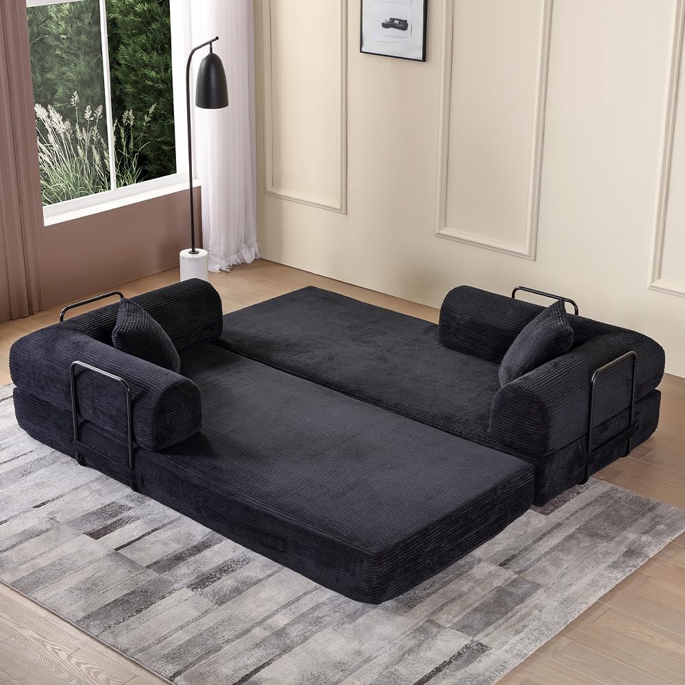 WILLIAMSPACE 77.9' Modern Loveseat Sofa Fold-Out Sofa Bed, Convertible Chair Floor Couch with Removable Backrest, Comfy Sofa Folding Mattress Couch Bed for Living Room, Bedroom, Corduroy, Black