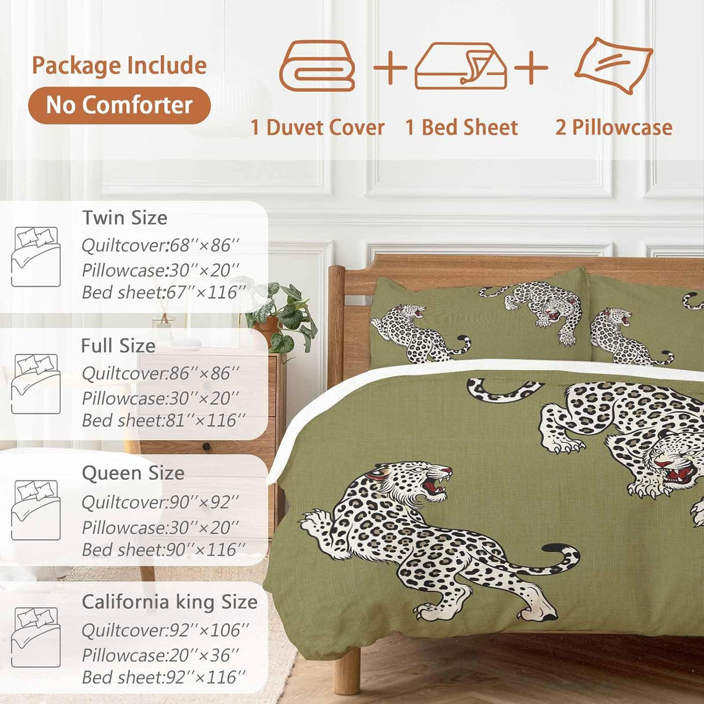 Green Leopard Duvet Cover Set Queen Size 4 Pieces Modern Style Wild Animal Rustic Linen Texture Bedding Set with Zipper Closure, 1 Comforter Cover 86x86 Inches 1 Flat Sheet & 2 Pillow Cases