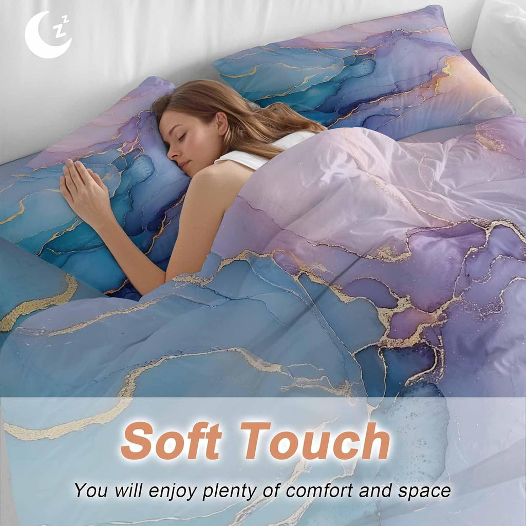 Pink Blue Marble Duvet Cover Set Queen Size 4 Pieces Abstract Marble Stone Texture Modern Style Bedding Set with Zipper Closure, 1 Comforter Cover 86x86 Inches 1 Flat Sheet & 2 Pillow Cases