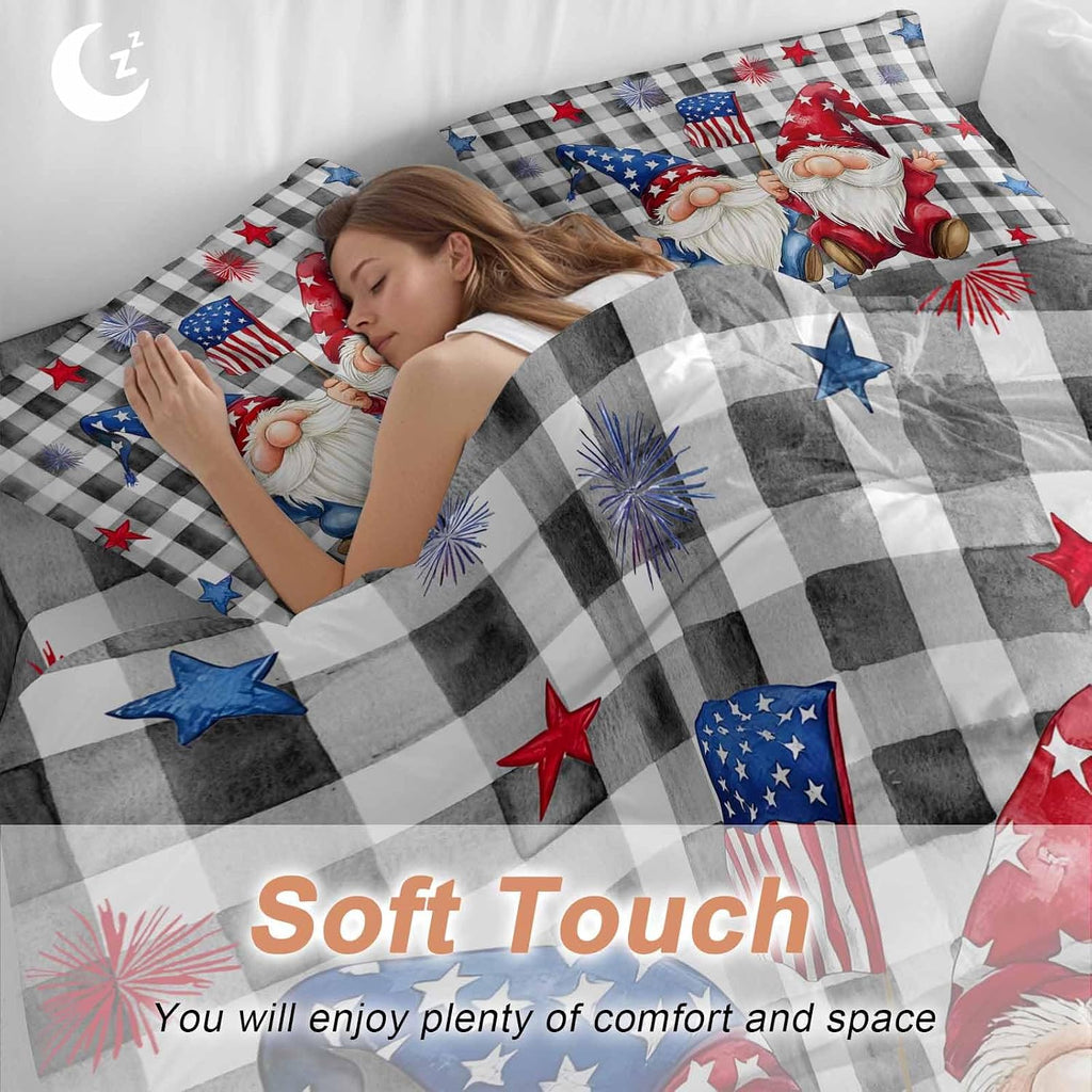 Prime Leader Independence Day Duvet Cover Set Queen Size 4 Pieces Patriotic Gnomes USA Flag Black Plaid Bedding Set with Zipper Closure, 1 Comforter Cover 90x92 Inches 1 Flat Sheet & 2 Pillow Cases