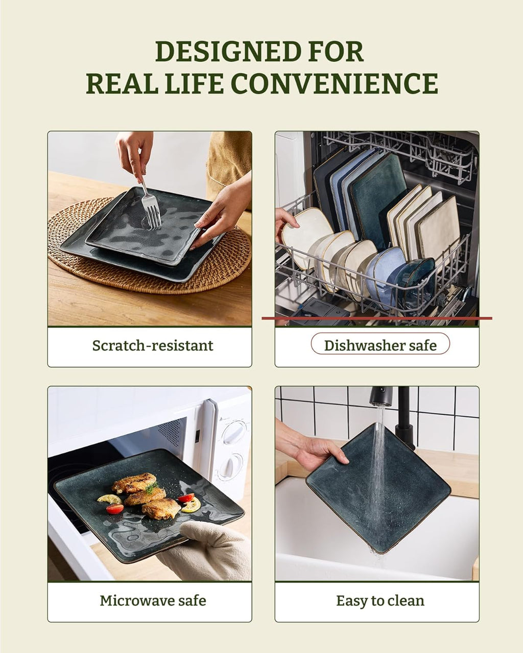 Famiware Stoneware Dinnerware Sets for 8, Ocean Square 24-Piece Kitchen Plates and Bowls Sets, Microwave and Dishwasher Safe, Scratch Resistant, Deep Forest