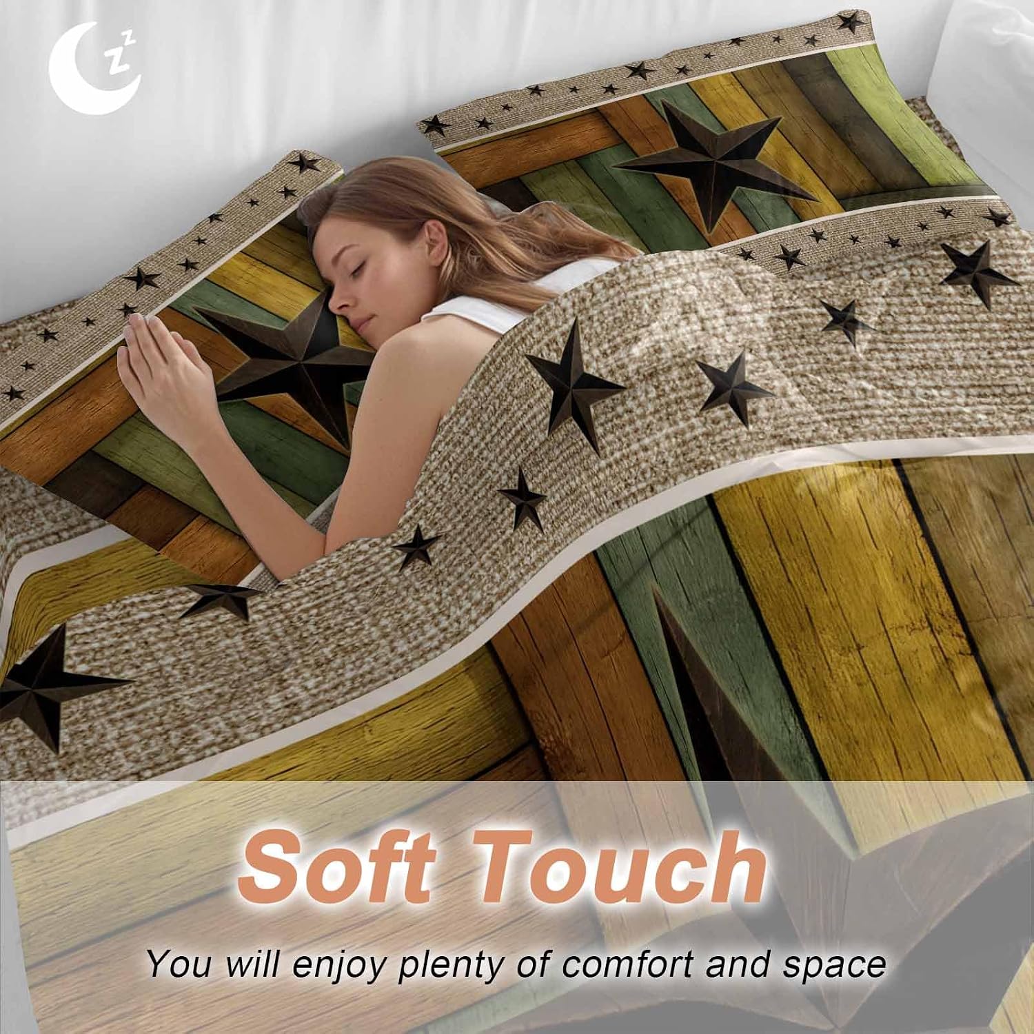 Texas Star Duvet Cover Set Queen Size 4 Pieces Retro Chic Western Texas Star Pattern Wooden Grain Bedding Set with Zipper Closure, 1 Comforter Cover 86x86 Inches 1 Flat Sheet & 2 Pillow Cases