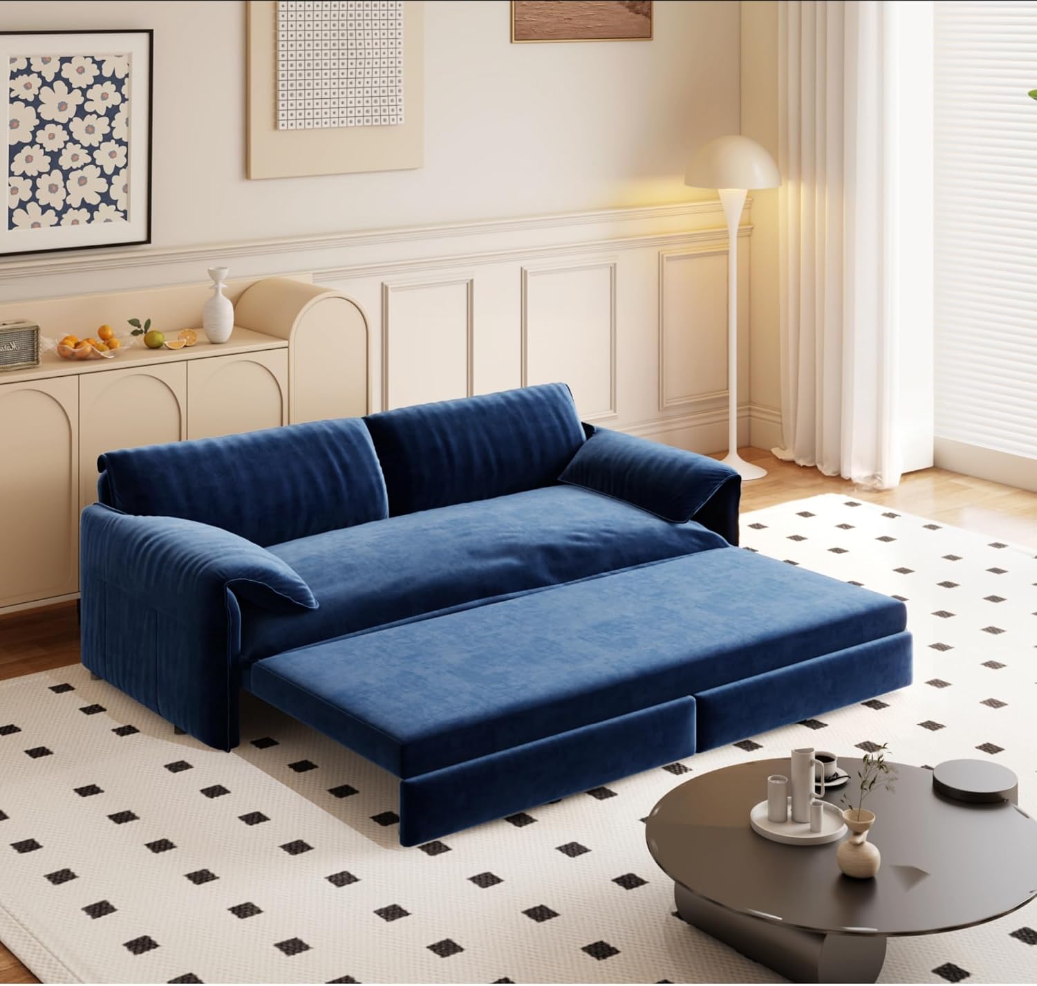 WILLIAMSPACE 66' Queen Pull Out Sofa Bed, 3-in-1 Velvet Convertible Sleeper Sofa Couch with Side Storage, Multi-Functional Loveseat Bed Pull Out Couch for Living Room, Apartment (Blue)