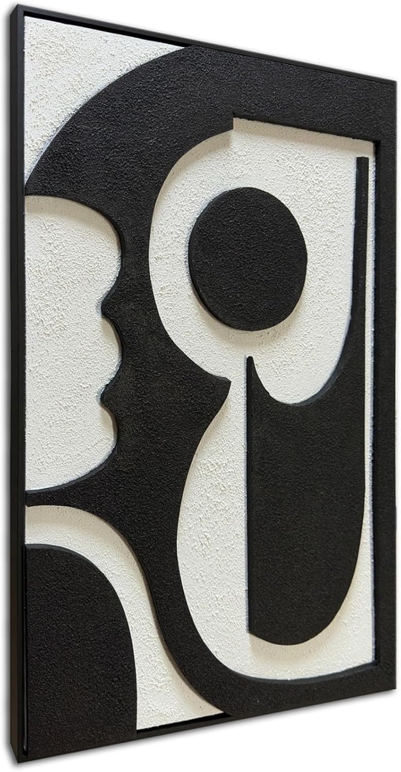zoinart Minimalist Black and White Thick Textured Plaster Wall Art, Black White Framed Artwork Wall for Home Decor, Modern Monochrome Relief Art