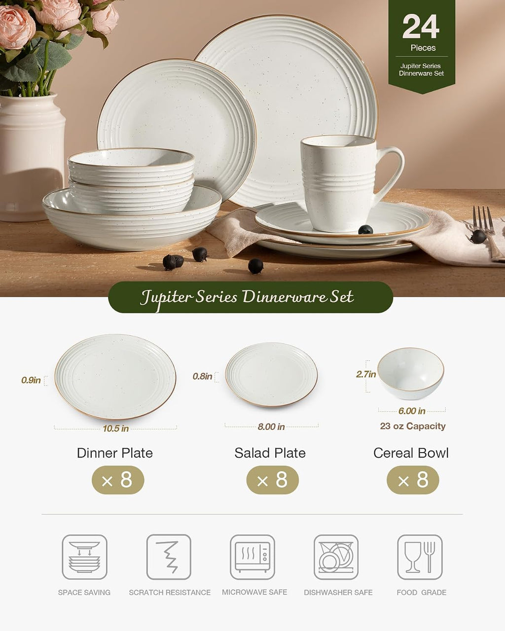Famiware Jupiter 24-Piece Stoneware Dinnerware Set, Handcrafted Plates and Bowls with Speckles & Embossed Swirls, Chip/Scratch Resistant, Microwave/Dishwasher Safe, Rustic Dishes, Service for 8, White