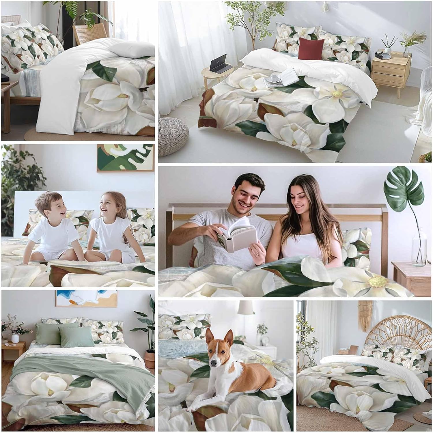 White Floral Duvet Cover Set Queen Size 4 Pieces Spring White Magnolia Vintage Plants Farmhouse Rustic Bedding Set with Zipper Closure, 1 Comforter Cover 90x92 Inches 1 Flat Sheet & 2 Pillow Cases