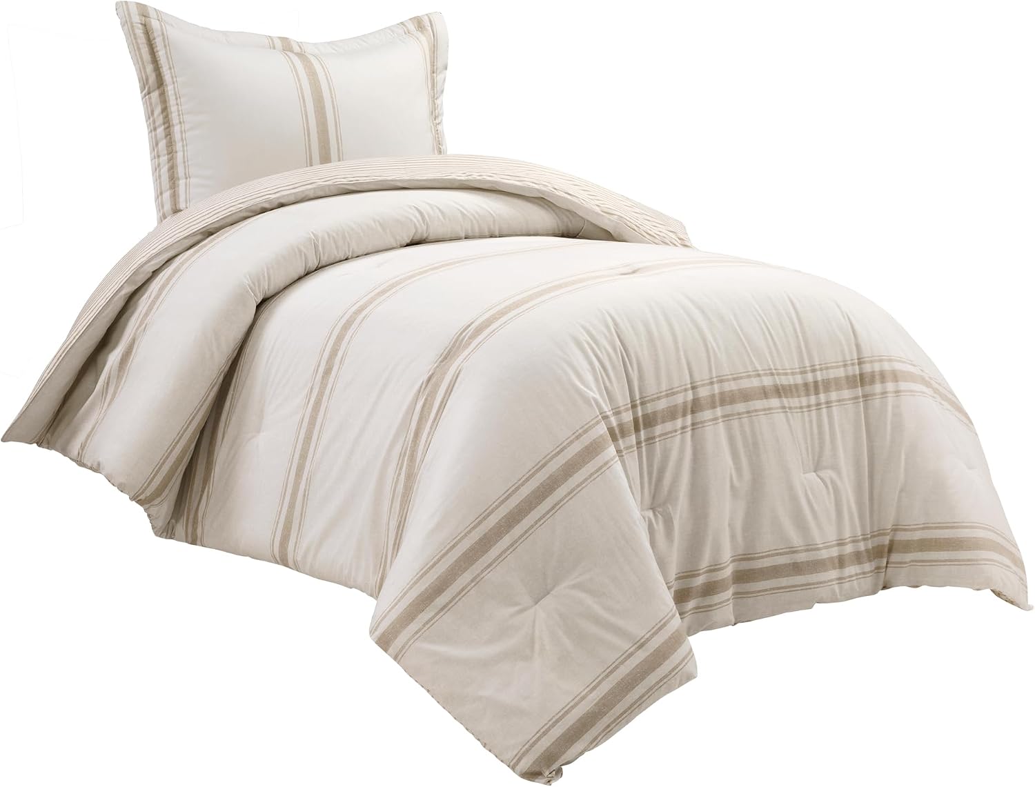 Lush Decor Farmhouse Stripe Reversible Cotton Comforter Set, 2-Piece, Twin XL Neutral - Twin Bedding Set - Dorm Decor - Striped Comforter for Farmhouse Bedroom Decor