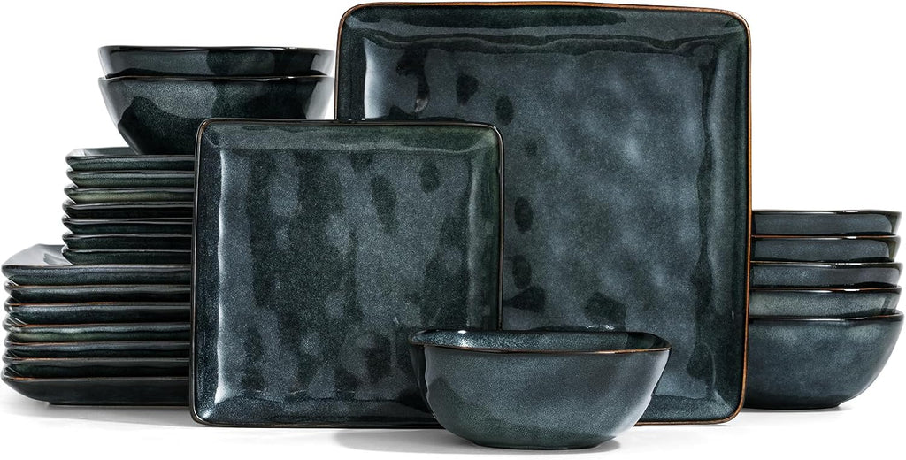 Famiware Stoneware Dinnerware Sets for 8, Ocean Square 24-Piece Kitchen Plates and Bowls Sets, Microwave and Dishwasher Safe, Scratch Resistant, Deep Forest