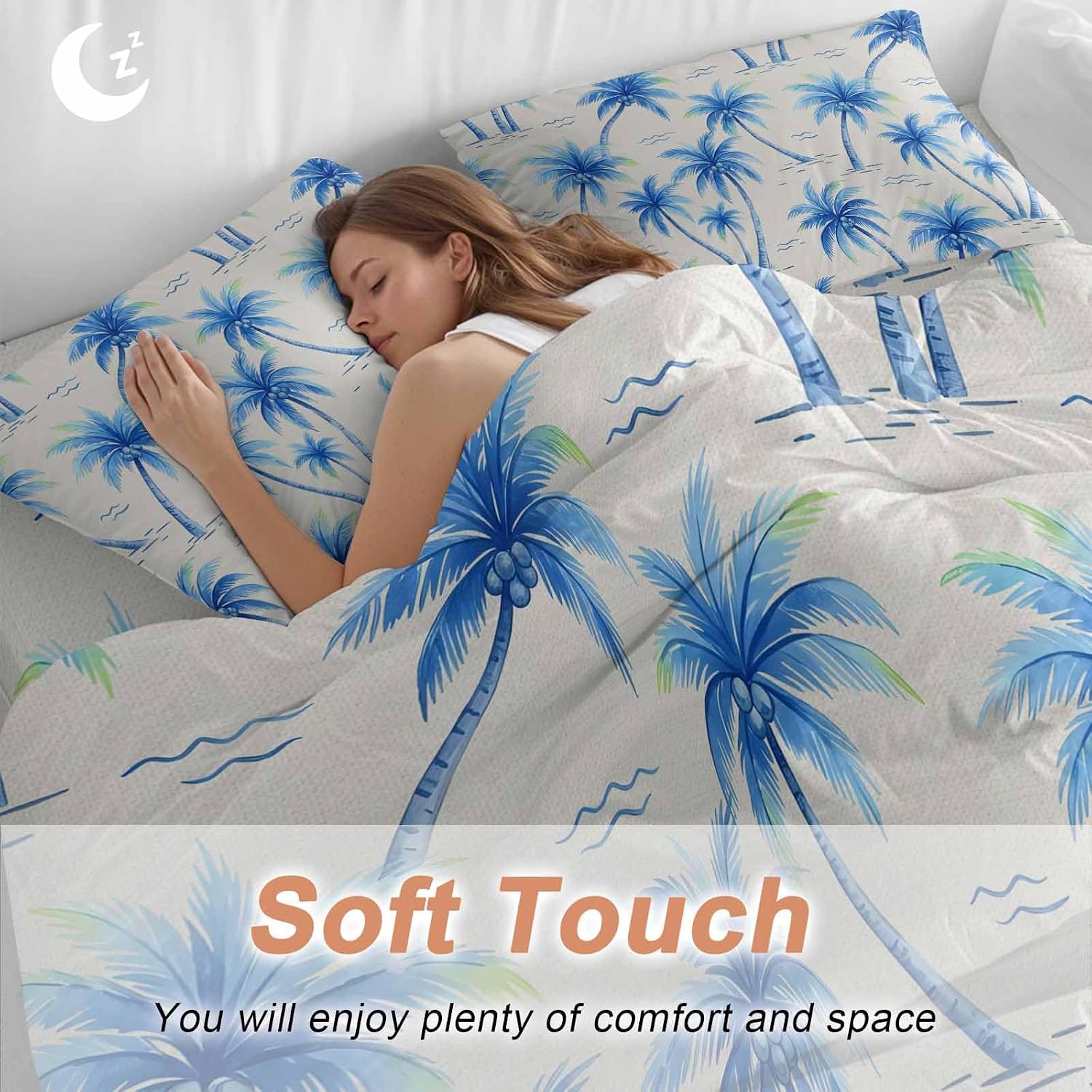 Tropical Plant Duvet Cover Set Queen Size 4 Pieces Blue Palm Trees Watercolor Tree Gradient Summer Bedding Set with Zipper Closure, 1 Comforter Cover 86x86 Inches 1 Flat Sheet & 2 Pillow Cases