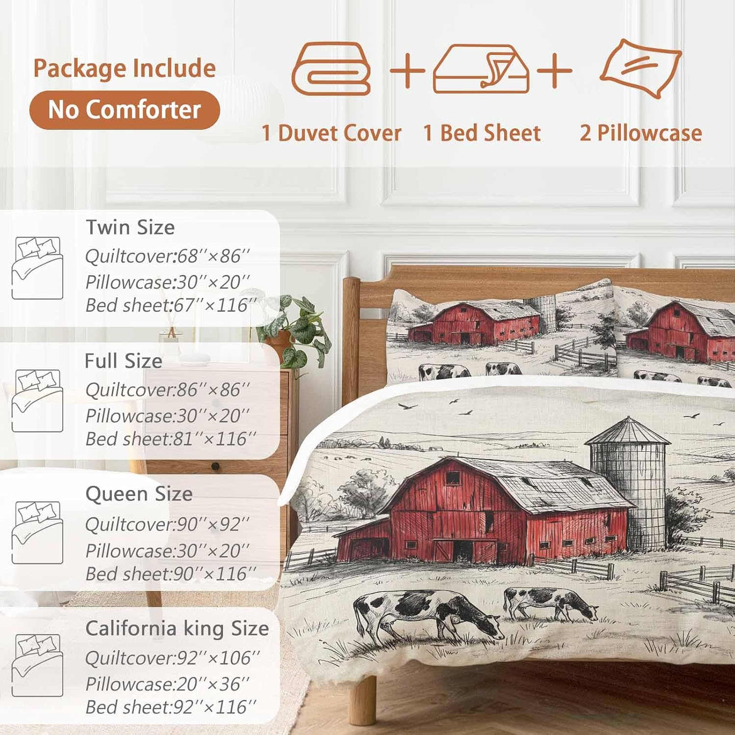 Farmhouse Duvet Cover Set Queen Size 4 Pieces Pastoral Landscape Watercolor Barn Farm Dairy Cow Retro Bedding Set with Zipper Closure, 1 Comforter Cover 90x92 Inches 1 Flat Sheet & 2 Pillow Cases