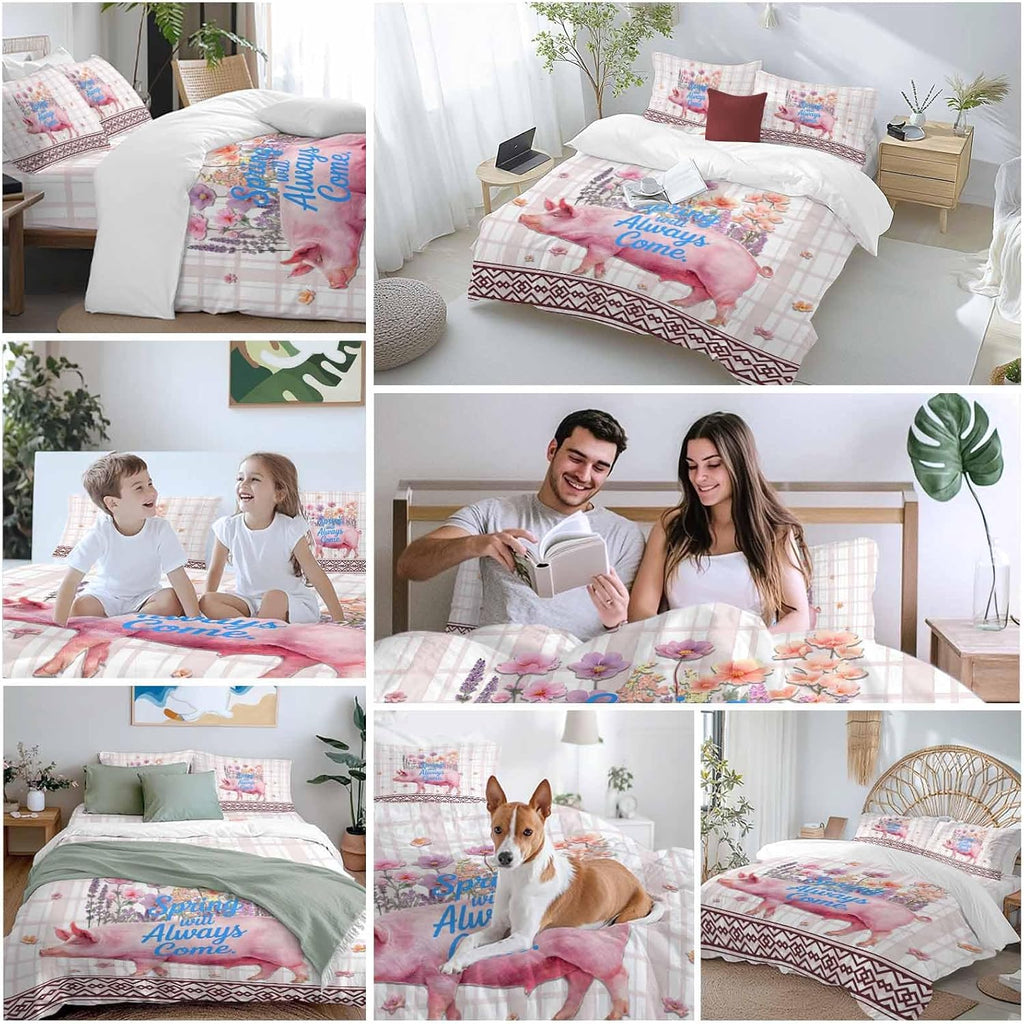 Spring Will Always Come Duvet Cover Set Queen Size 4 Pieces Funny Pig Rustic Wildflower Pink Stripes Bedding Set with Zipper Closure, 1 Comforter Cover 92x106 Inches 1 Flat Sheet & 2 Pillow Cases