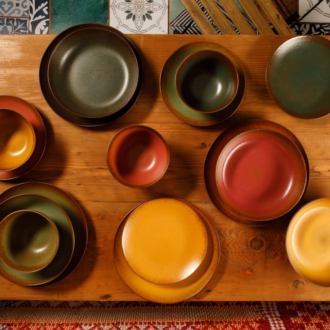 Bloomhouse - Two Time Oprah's Favorite Things Winner - Palermo Sun Double Bowl Stoneware Reactive Glaze Plates and Bowls Dinnerware Set - Agave Blue, Service for Four (16pcs)