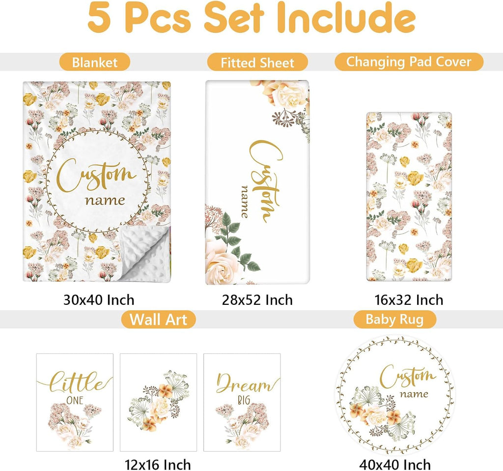 Terwex Personalized Baby Crib Bedding Set, 5 Pcs Custom Name Nursery Bedding Set, Yellow Flower Baby Bedding Set for Girl Boy, Double Layer Baby Crib Sets, Customized Gifts for Toddlers Kids Infants