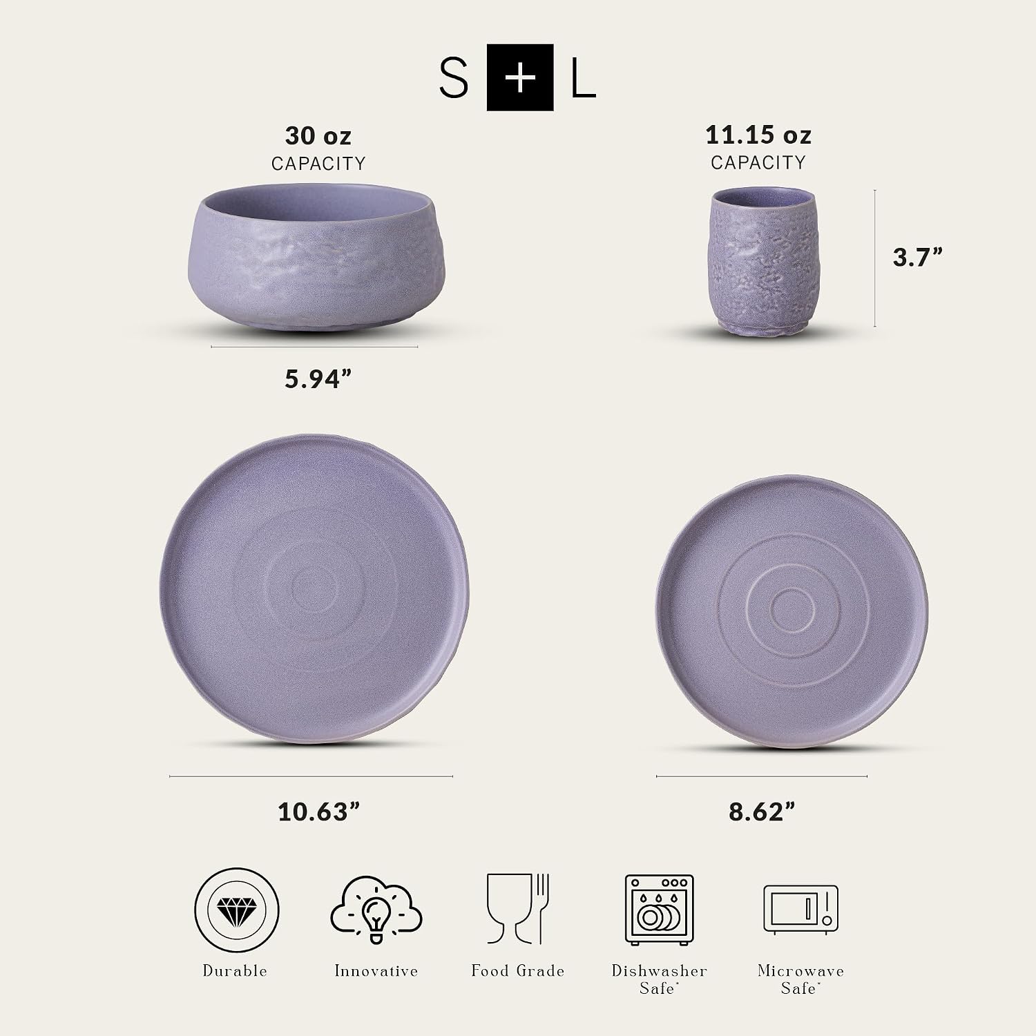 Stone by Mercer Project SHOSAI 16-Piece Stoneware Dinnerware Set, Plates and Bowls Set, Modern Dishware set fo 4, Lavender
