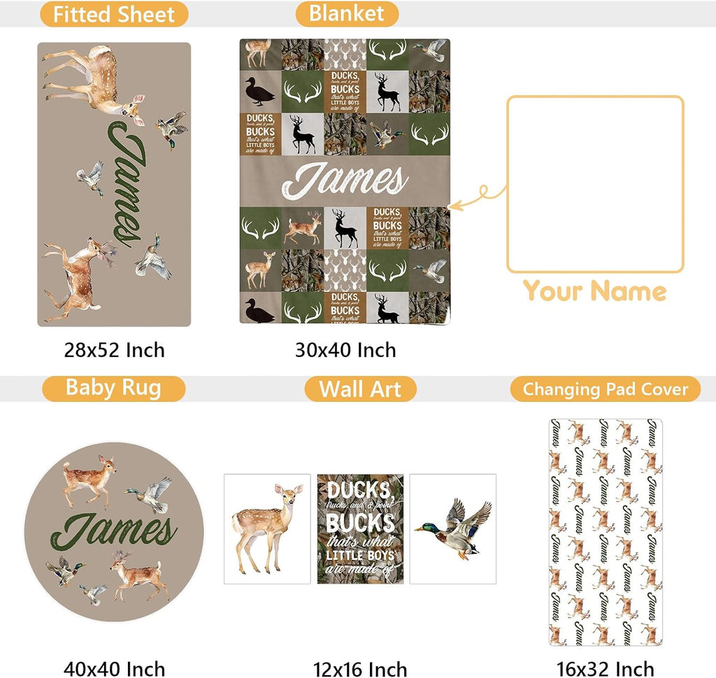 Terwex Custom Baby Crib Bedding Set, 5 Pcs Personalized Name Baby Crib Sets for Infant Toddler, Green Woodland Deer Nursery Bedding Set for Boys Girls, Double Layer Baby Bedding Sets Customized Gifts