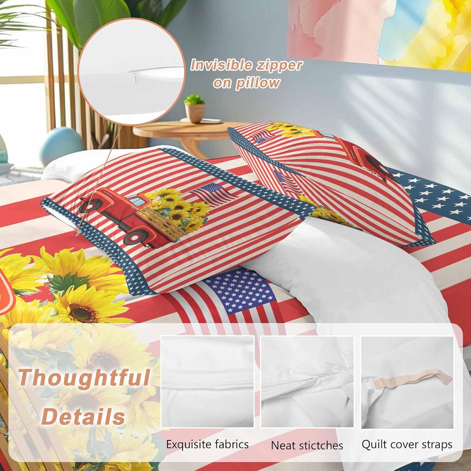Independence Day Duvet Cover Set Queen Size 4 Pieces Five-Pointed Star U.S. Flag Themed Red Truck Sunflower Bedding Set with Zipper Closure,1 Comforter Cover 86x86 Inches 1 Flat Sheet & 2 Pillow Cases