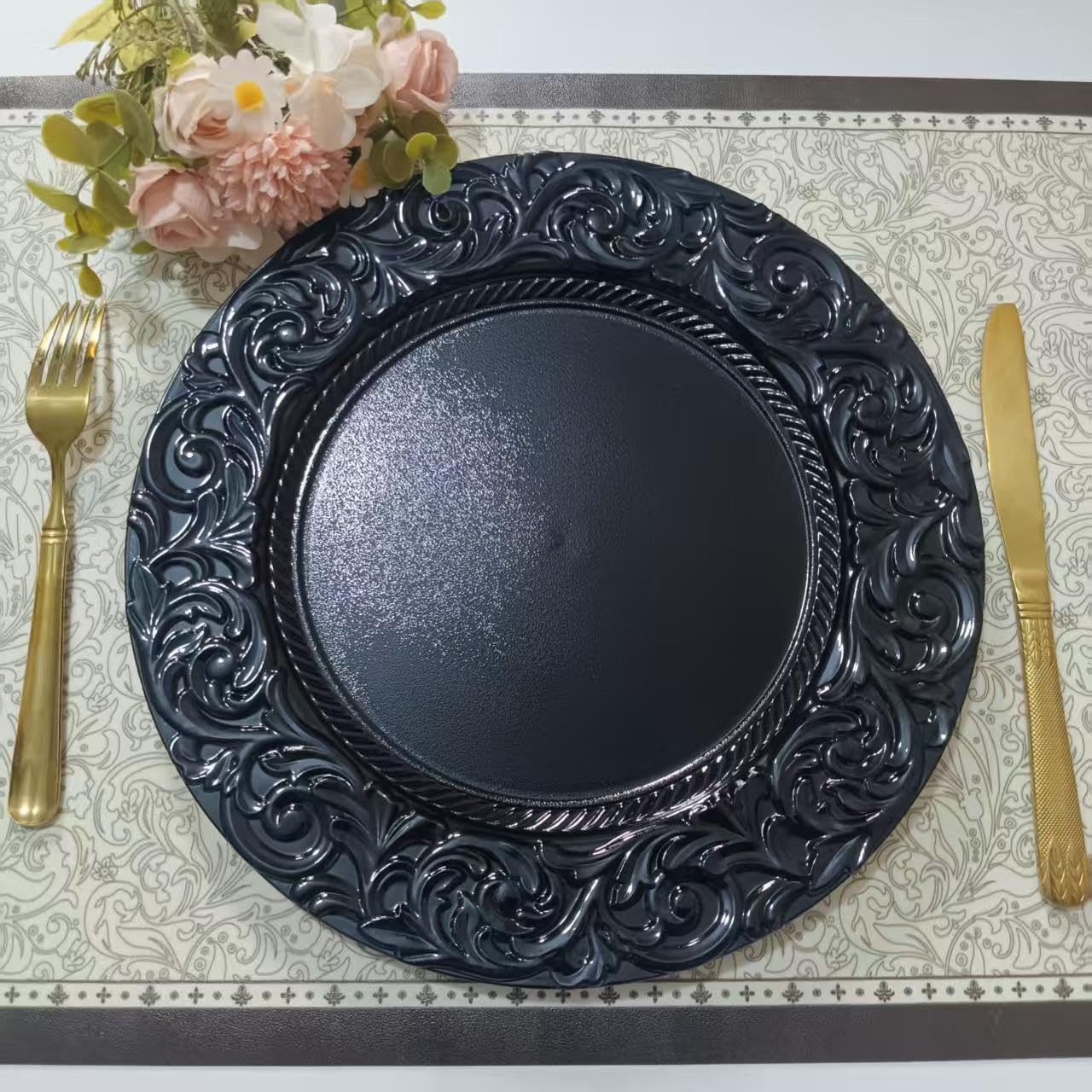 13' Elegant Charger Plate Durable Plastic Dinner Plates Set - 6/50/100 PCS Retro European Style in Gold, Silver, Black & Clear for Wedding, Party, Christmas Table Decoration
