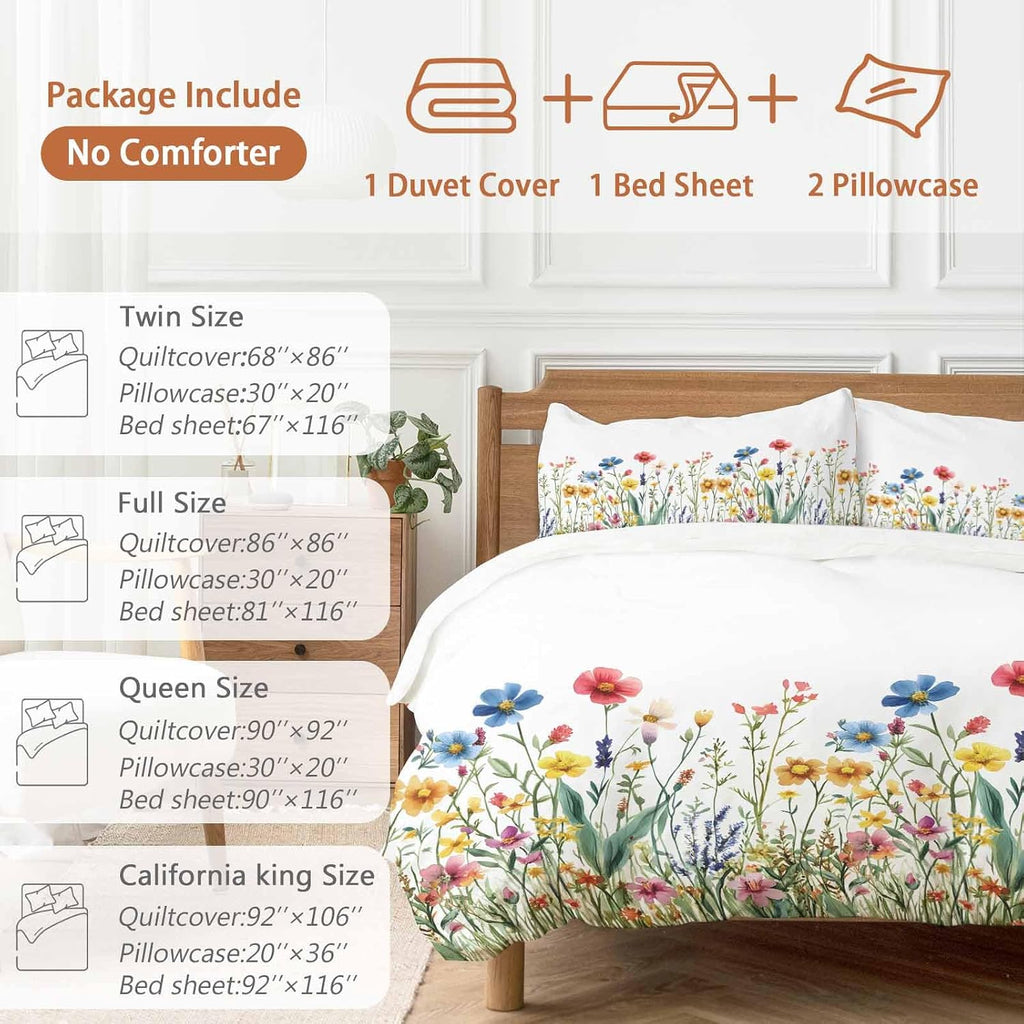 Spring Summer Duvet Cover Set Queen Size 4 Pieces Colorful Wildflower Leaves Sage Green Leaf Bedding Set with Zipper Closure, 1 Comforter Cover 92x106 Inches 1 Flat Sheet & 2 Pillow Cases