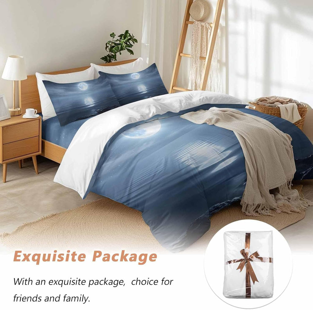 Prime Leader Night Ocean Duvet Cover Set Queen Size 4 Pieces Natural Scenery Moonlight Sparkling Water Bedding Set with Zipper Closure, 1 Comforter Cover 92x106 Inches 1 Flat Sheet & 2 Pillow Cases