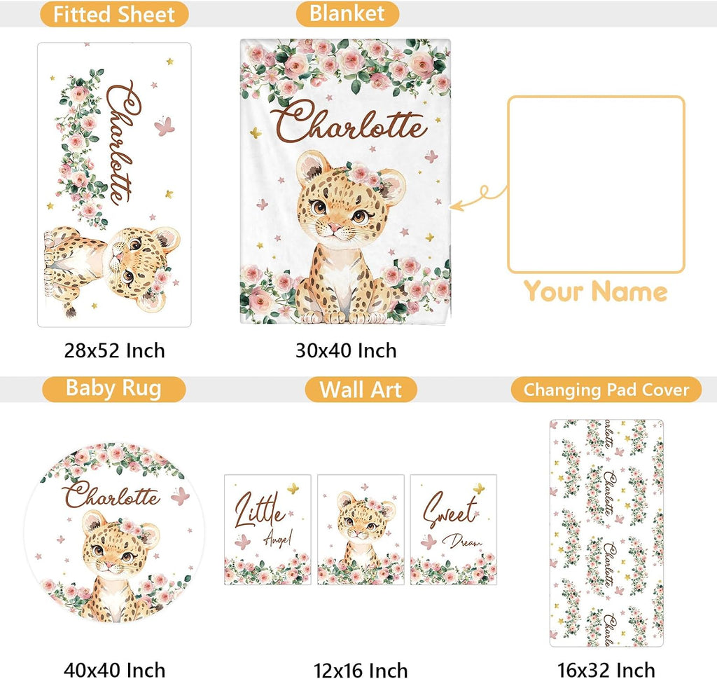 Terwex Custom Baby Crib Bedding Set, 5 Pcs Personalized Name Baby Crib Sets for Infant Toddler, Floral Leopard Nursery Bedding Set for Baby Girls, Double Layer Baby Bedding Sets Customized Gifts