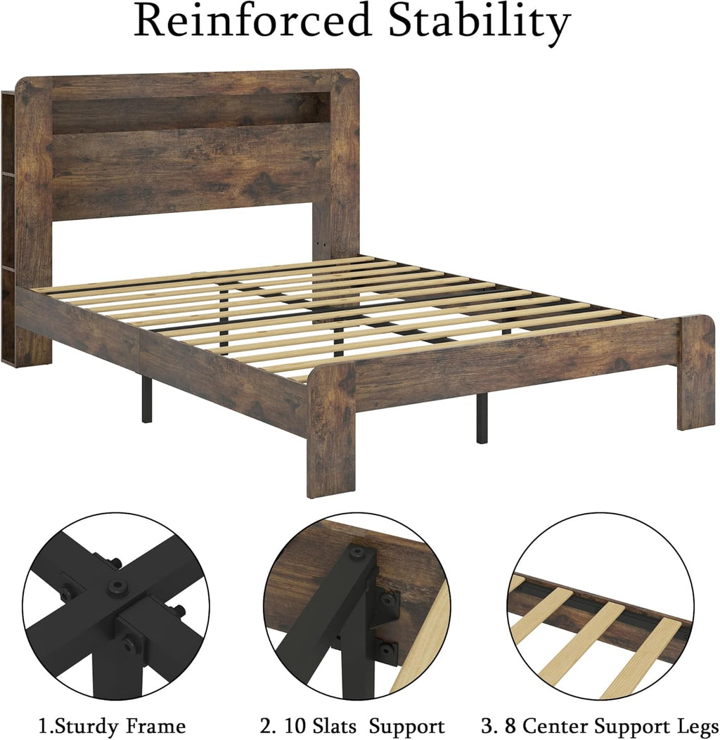 Bellemave Rustic Vintage King Size Bed Frame with Bookshelves,Storage Headboard and Charging Station,Wooden Platform Bed Frame King Size with LED Lights and Wood Slats,Easy Assembly,Dark Brown