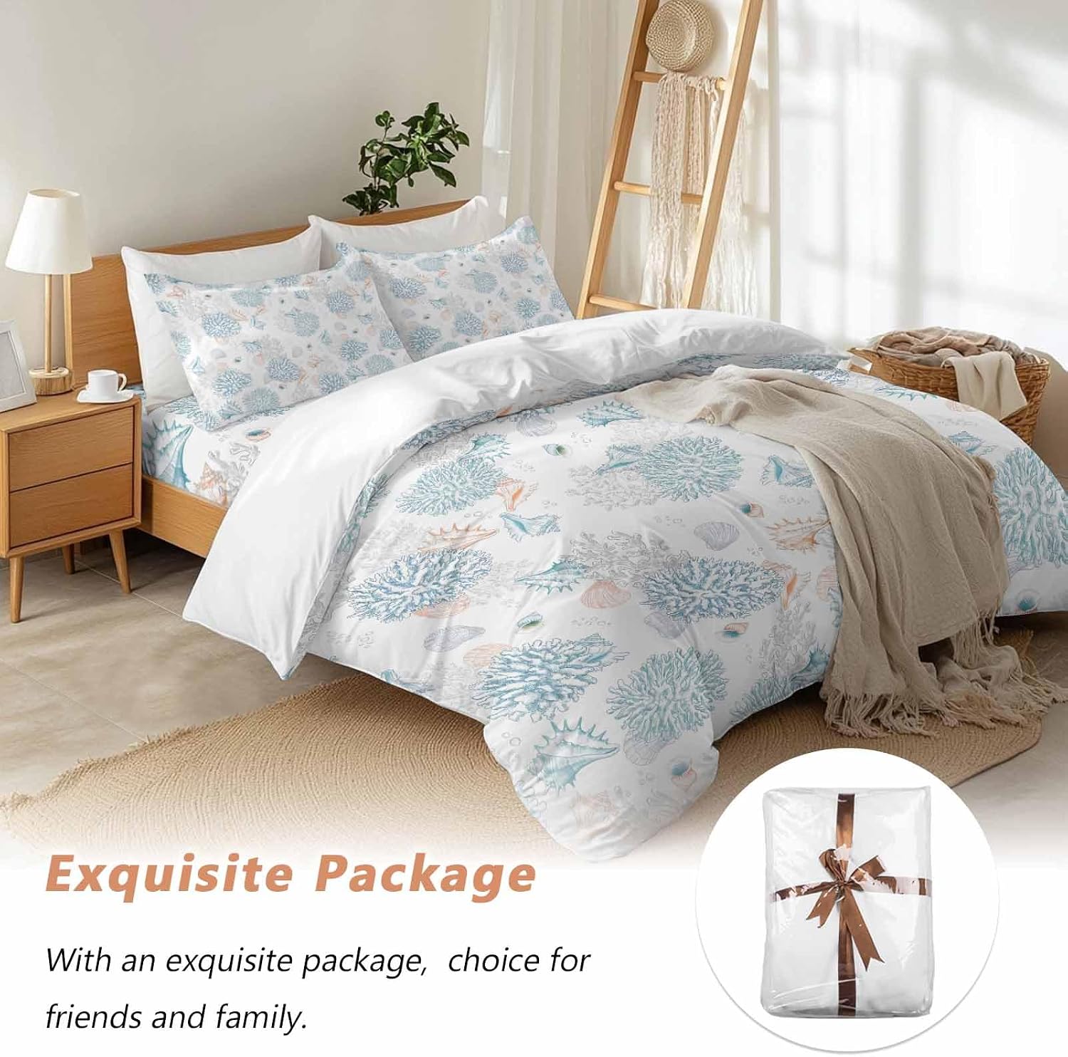 Summer Marine Life Duvet Cover Set Queen Size 4 Pieces Ocean Blue Coral Shells Coastal Conch Bedding Set with Zipper Closure, 1 Comforter Cover 92x106 Inches 1 Flat Sheet & 2 Pillow Cases